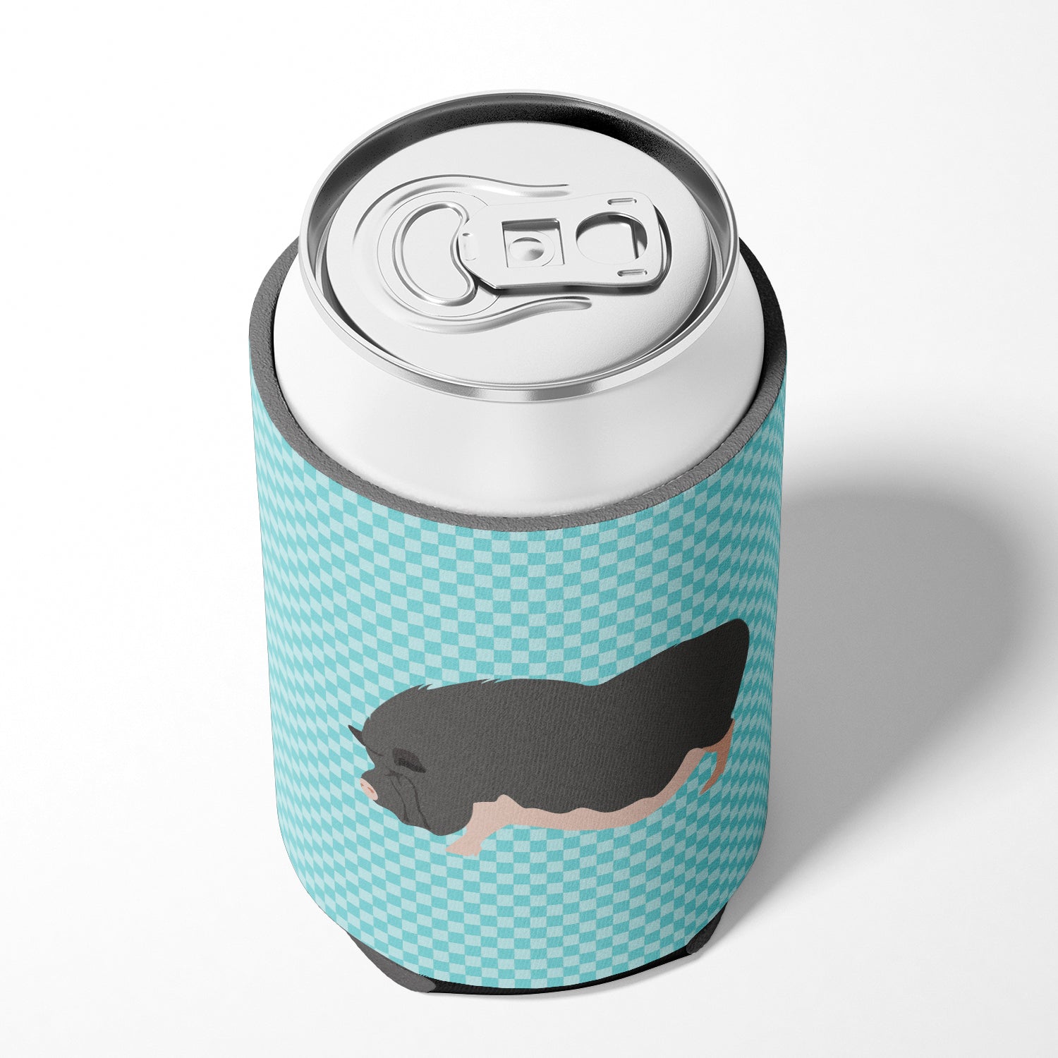 Vietnamese Pot-Bellied Pig Blue Check Can or Bottle Hugger Cooler Sleeve for Standard 12 oz Cans, Insulated Foam Beer & Soda Can Hugger Reusable