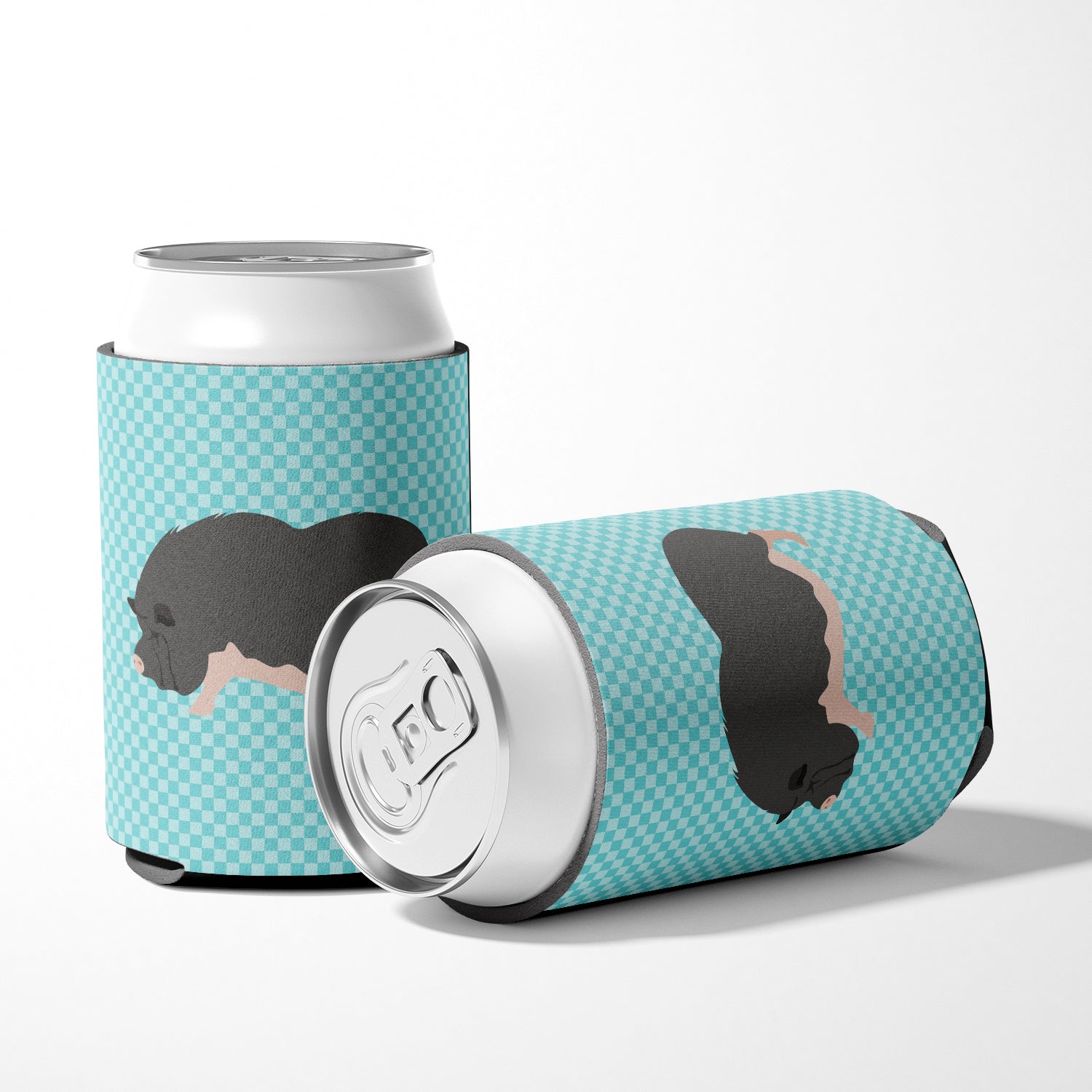 Vietnamese Pot-Bellied Pig Blue Check Can or Bottle Hugger Cooler Sleeve for Standard 12 oz Cans, Insulated Foam Beer & Soda Can Hugger Reusable