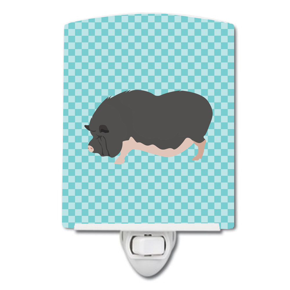 Vietnamese Pot-Bellied Pig Blue Check Ceramic Night Light Compact, UL-Certified, Ideal for Bedroom, Bathroom, Nursery, Hallway, Kitchen, 6x4x3, Multicolor
