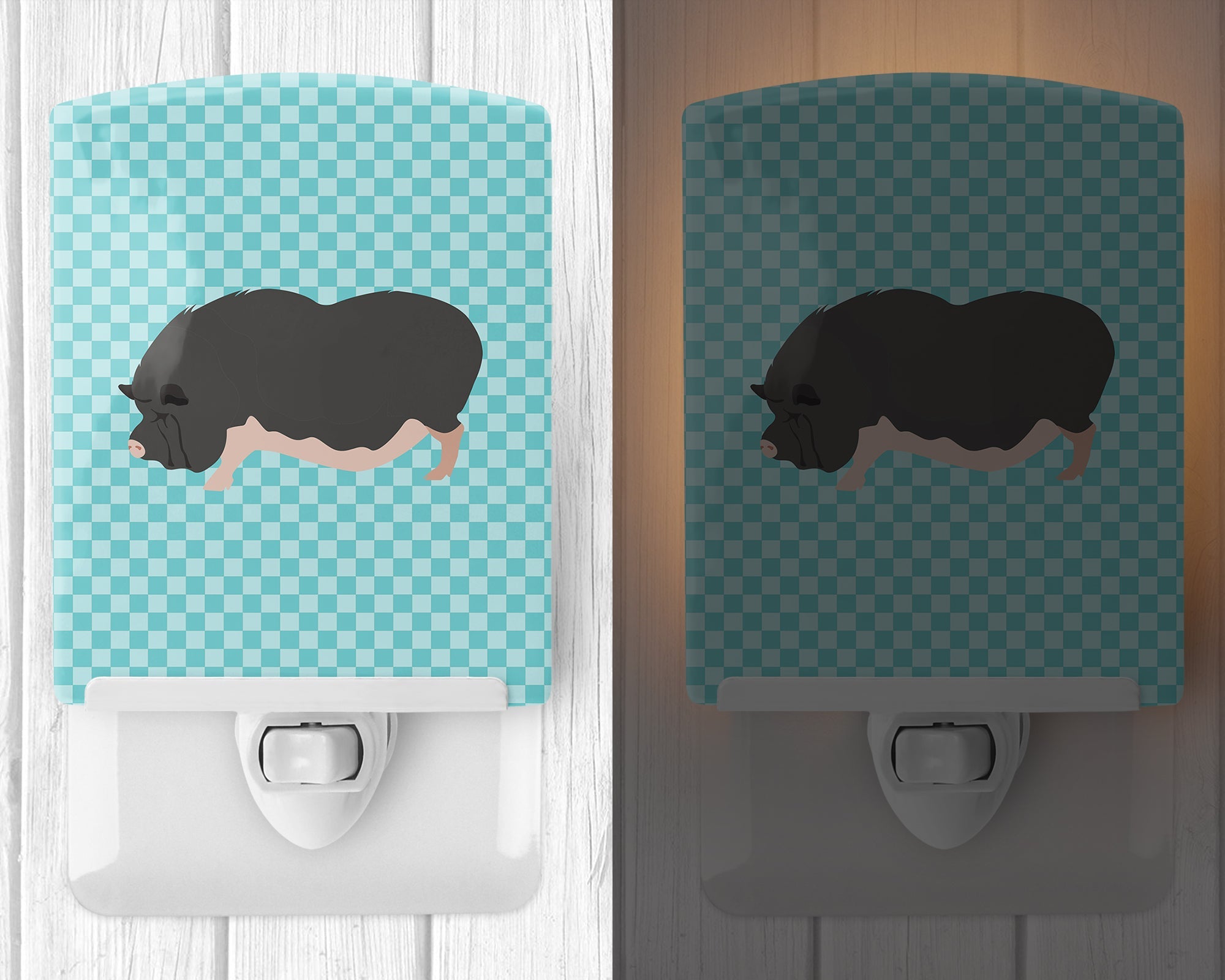 Vietnamese Pot-Bellied Pig Blue Check Ceramic Night Light Compact, UL-Certified, Ideal for Bedroom, Bathroom, Nursery, Hallway, Kitchen, 6x4x3, Multicolor