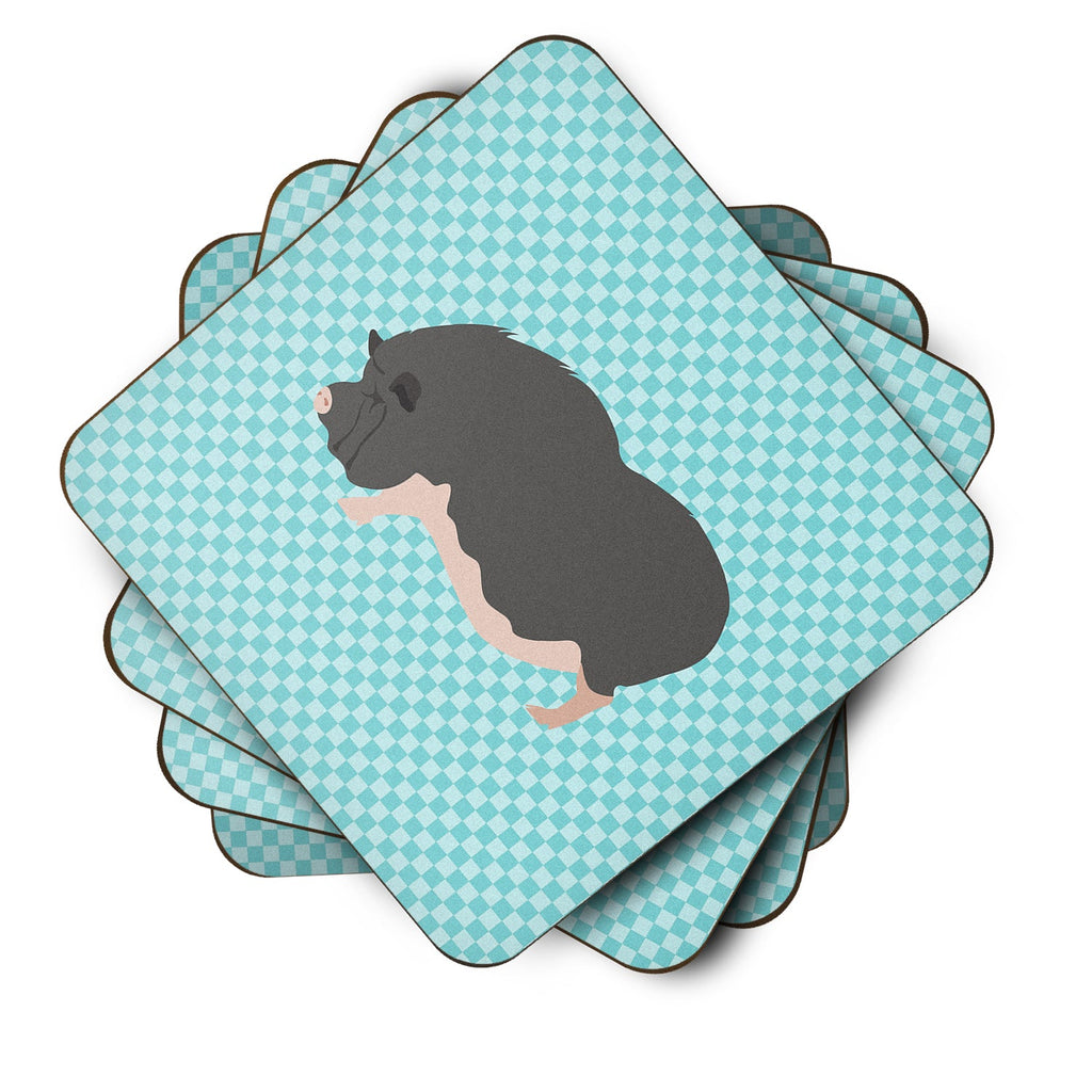 Vietnamese Pot-Bellied Pig Blue Check Foam Coasters Set of 4 Cup Coasters for Indoor Outdoor, Tabletop Protection, Anti Slip, Mouse pad Material
