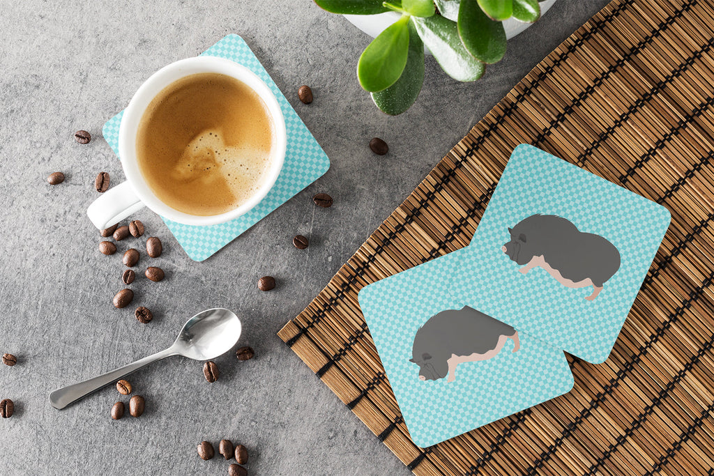 Vietnamese Pot-Bellied Pig Blue Check Foam Coasters Set of 4 Cup Coasters for Indoor Outdoor, Tabletop Protection, Anti Slip, Mouse pad Material