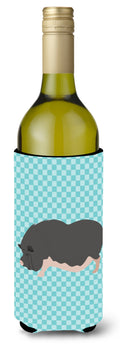 Vietnamese Pot-Bellied Pig Blue Check Wine Bottle Hugger Gift Sleeve for Standard 750 ml Bottles, Insulated Reusable Also Fits Mini Shot & Pint Bottles