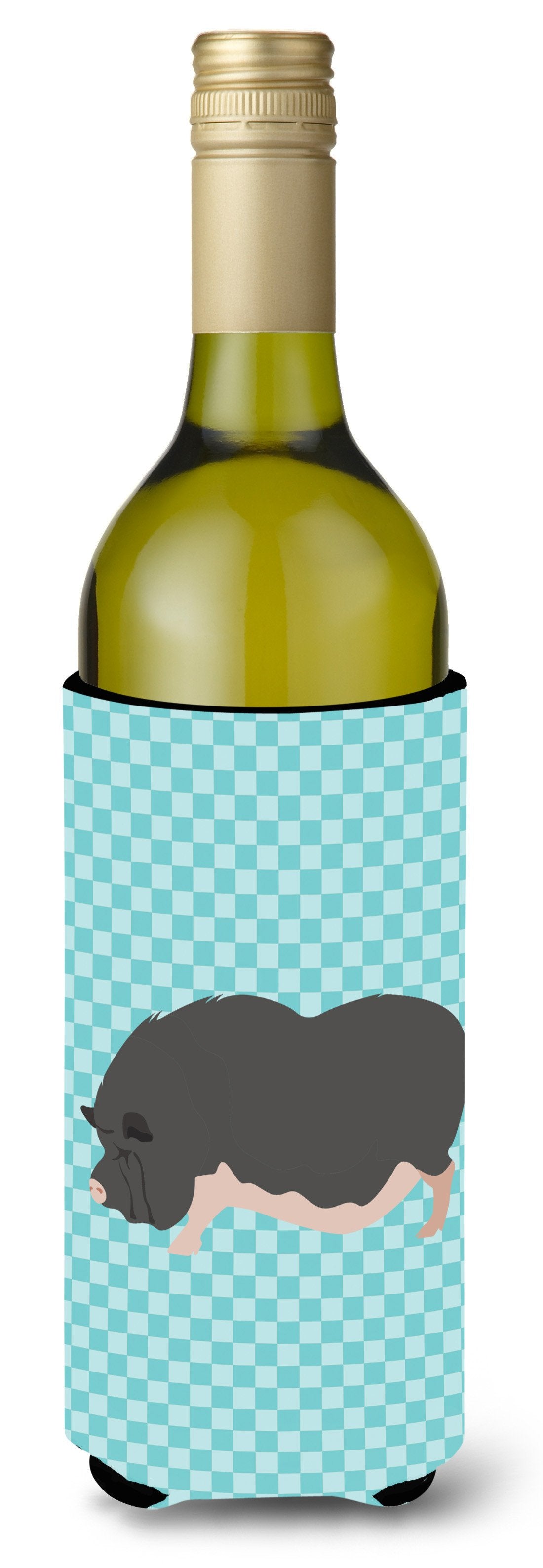 Vietnamese Pot-Bellied Pig Blue Check Wine Bottle Hugger Gift Sleeve for Standard 750 ml Bottles, Insulated Reusable Also Fits Mini Shot & Pint Bottles