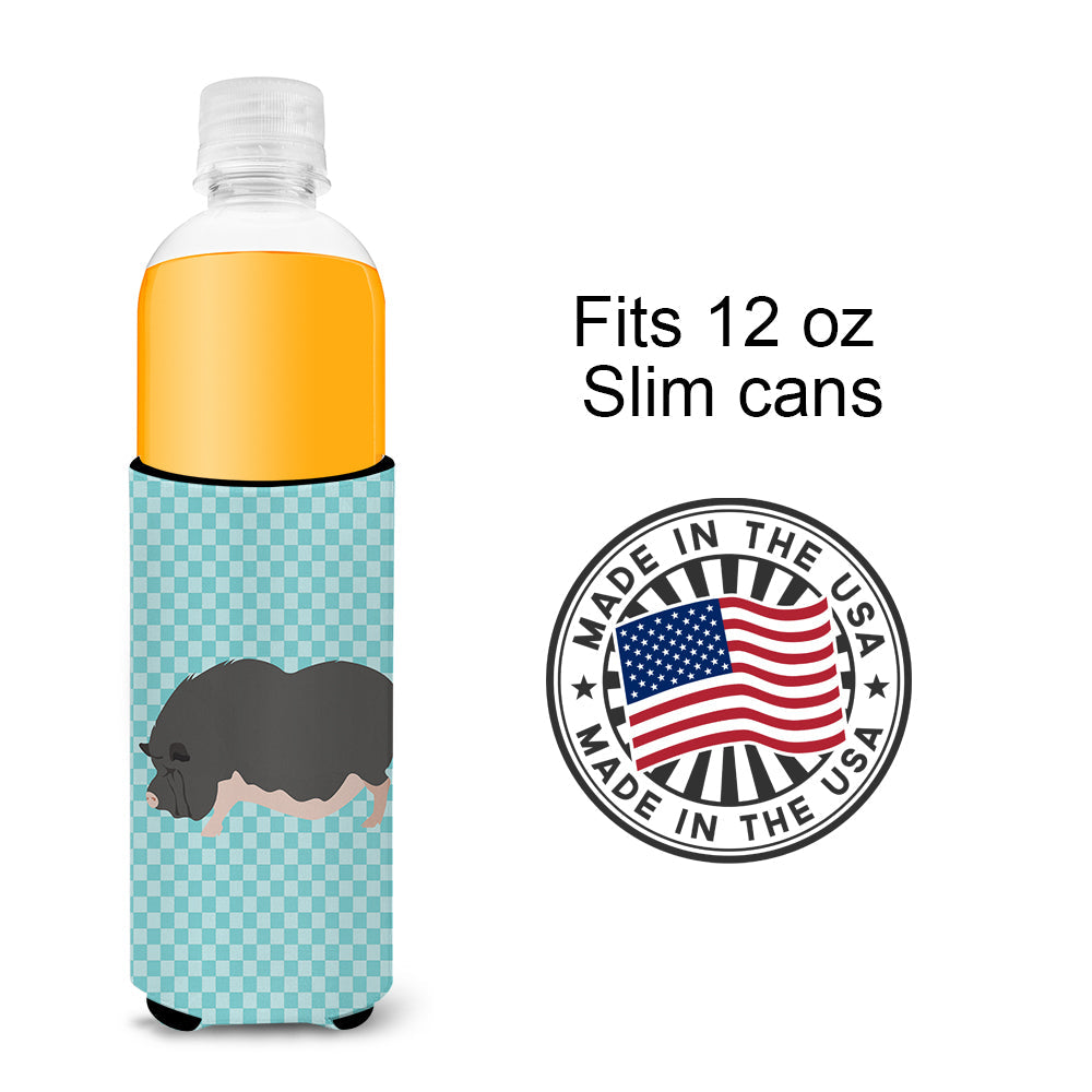 Vietnamese Pot-Bellied Pig Blue Check Slim Can Hugger , Insulated Foam Hugger for 12 oz Slim Cans, Beer Bottles & Water Bottles, Printed in USA