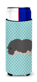 Vietnamese Pot-Bellied Pig Blue Check Slim Can Hugger , Insulated Foam Hugger for 12 oz Slim Cans, Beer Bottles & Water Bottles, Printed in USA