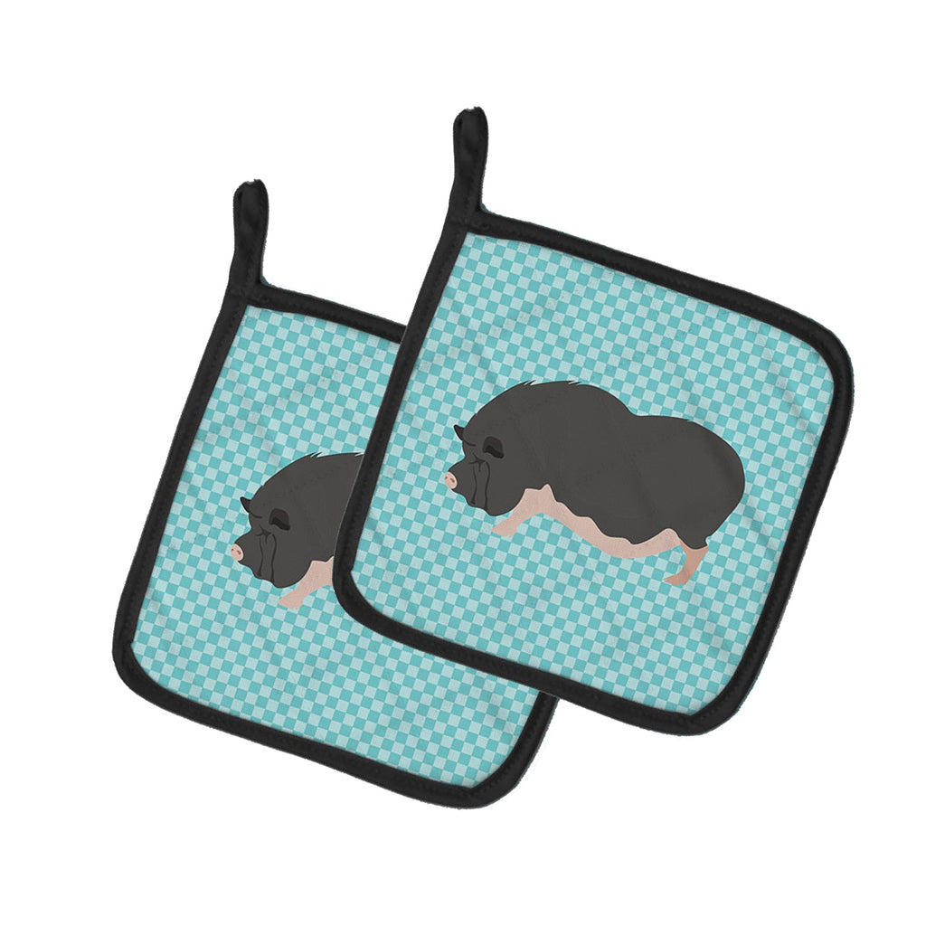 Vietnamese Pot-Bellied Pig Blue Check Pot Holder Set of 2 Heat Resistant Quilted Hot Pads 7.5 x 7.5 Inch, Insulated Kitchen Trivets for Cooking & Baking