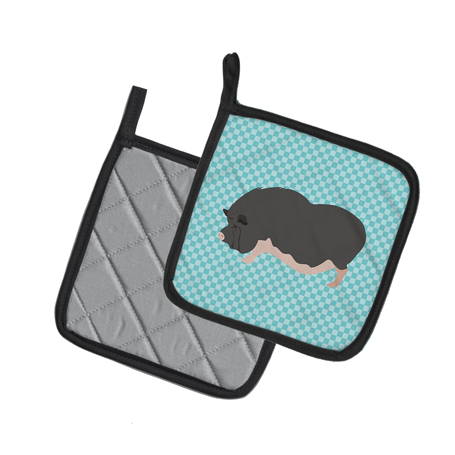 Vietnamese Pot-Bellied Pig Blue Check Pot Holder Set of 2 Heat Resistant Quilted Hot Pads 7.5 x 7.5 Inch, Insulated Kitchen Trivets for Cooking & Baking