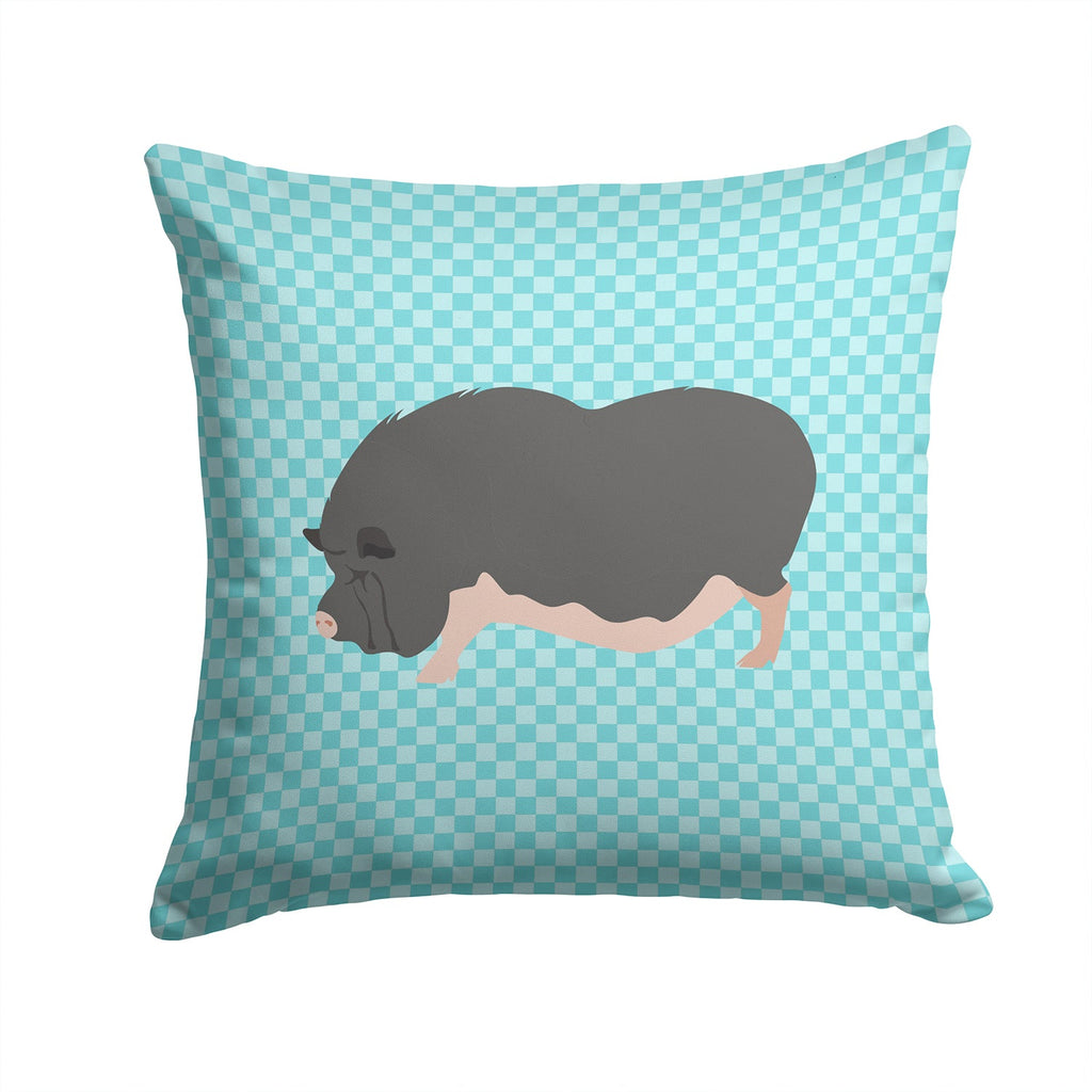 Vietnamese Pot-Bellied Pig Blue Check Decorative Throw Pillow 14x14 Indoor Outdoor Accent Cushion, Fabric Cover with Insert for Sofa, Bed, Porch & Living Room