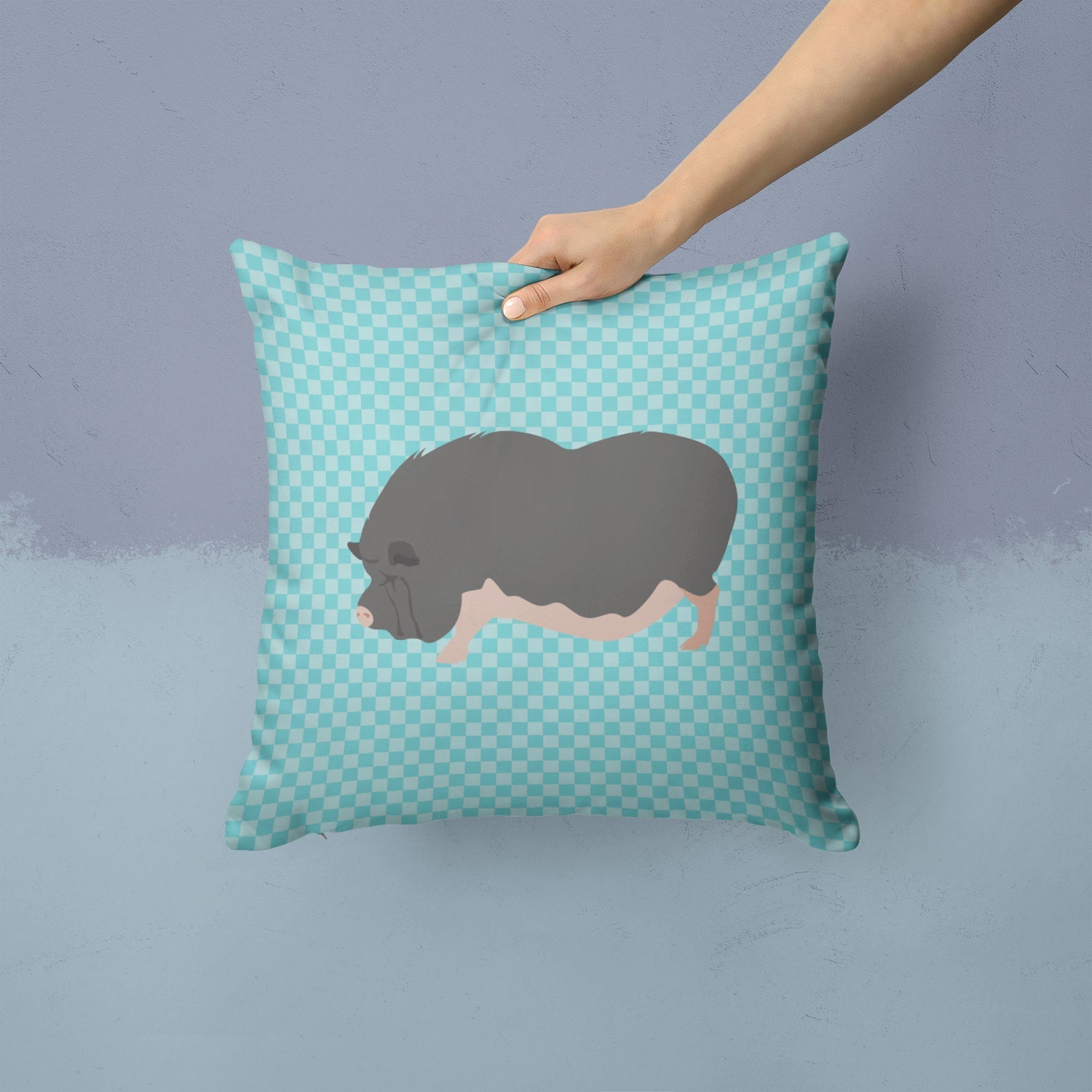 Vietnamese Pot-Bellied Pig Blue Check Decorative Throw Pillow 14x14 Indoor Outdoor Accent Cushion, Fabric Cover with Insert for Sofa, Bed, Porch & Living Room