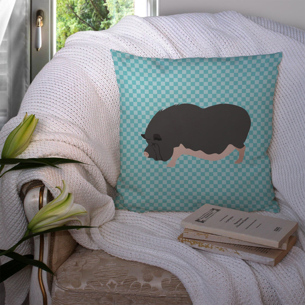 Vietnamese Pot-Bellied Pig Blue Check Decorative Throw Pillow 14x14 Indoor Outdoor Accent Cushion, Fabric Cover with Insert for Sofa, Bed, Porch & Living Room