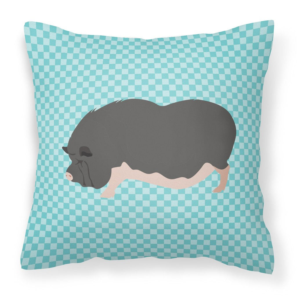 Vietnamese Pot-Bellied Pig Blue Check Decorative Throw Pillow 18x18 Indoor Outdoor Accent Cushion, Fabric Cover with Insert for Sofa, Bed, Porch & Living Room
