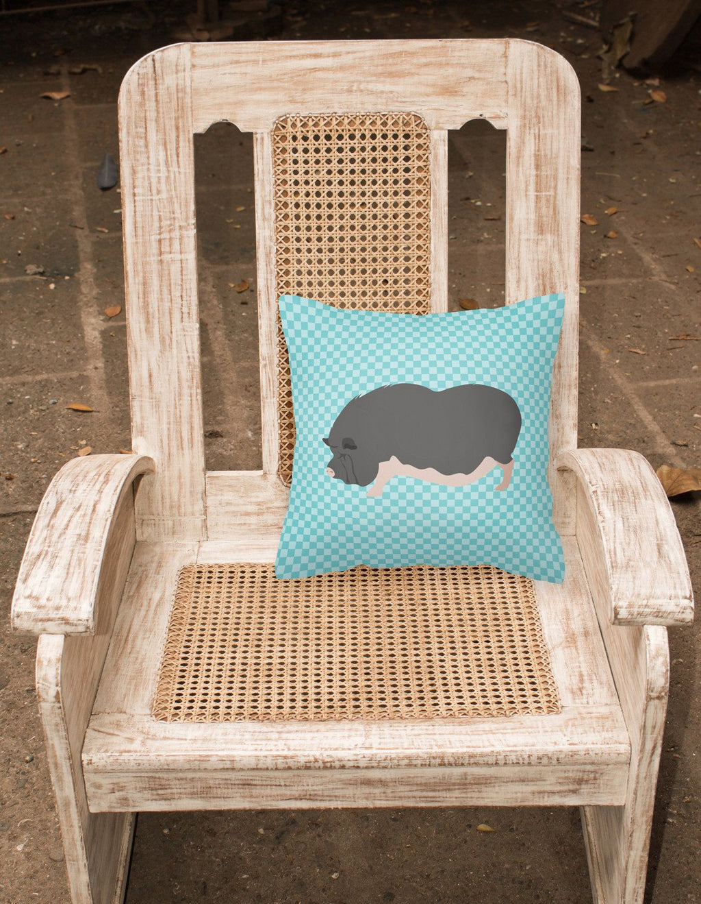 Vietnamese Pot-Bellied Pig Blue Check Decorative Throw Pillow 18x18 Indoor Outdoor Accent Cushion, Fabric Cover with Insert for Sofa, Bed, Porch & Living Room