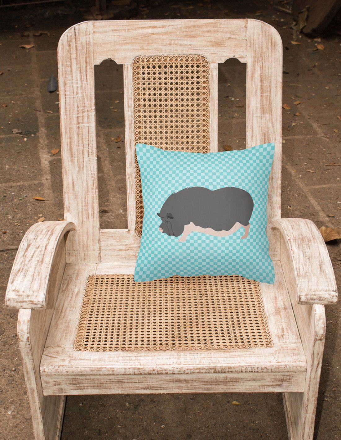 Vietnamese Pot-Bellied Pig Blue Check Decorative Throw Pillow 18x18 Indoor Outdoor Accent Cushion, Fabric Cover with Insert for Sofa, Bed, Porch & Living Room