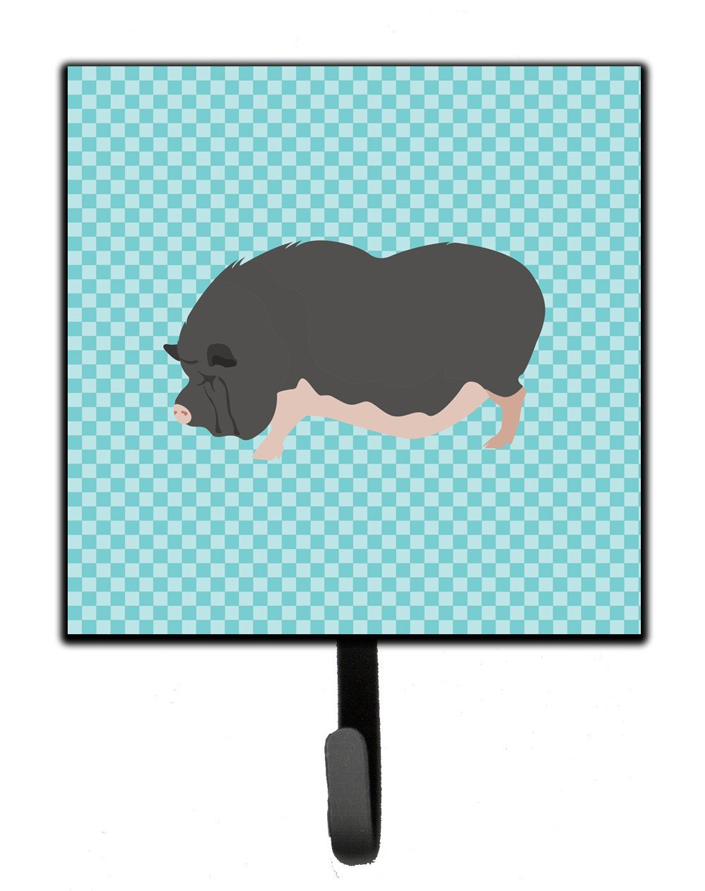 Vietnamese Pot-Bellied Pig Blue Check Leash or Key Holder Wall Hooks, Key Hooks Holder, Coat Rack Wall Mount, Coat Hooks, Hooks for Hanging Keys, Towels, Aprons, Leashes