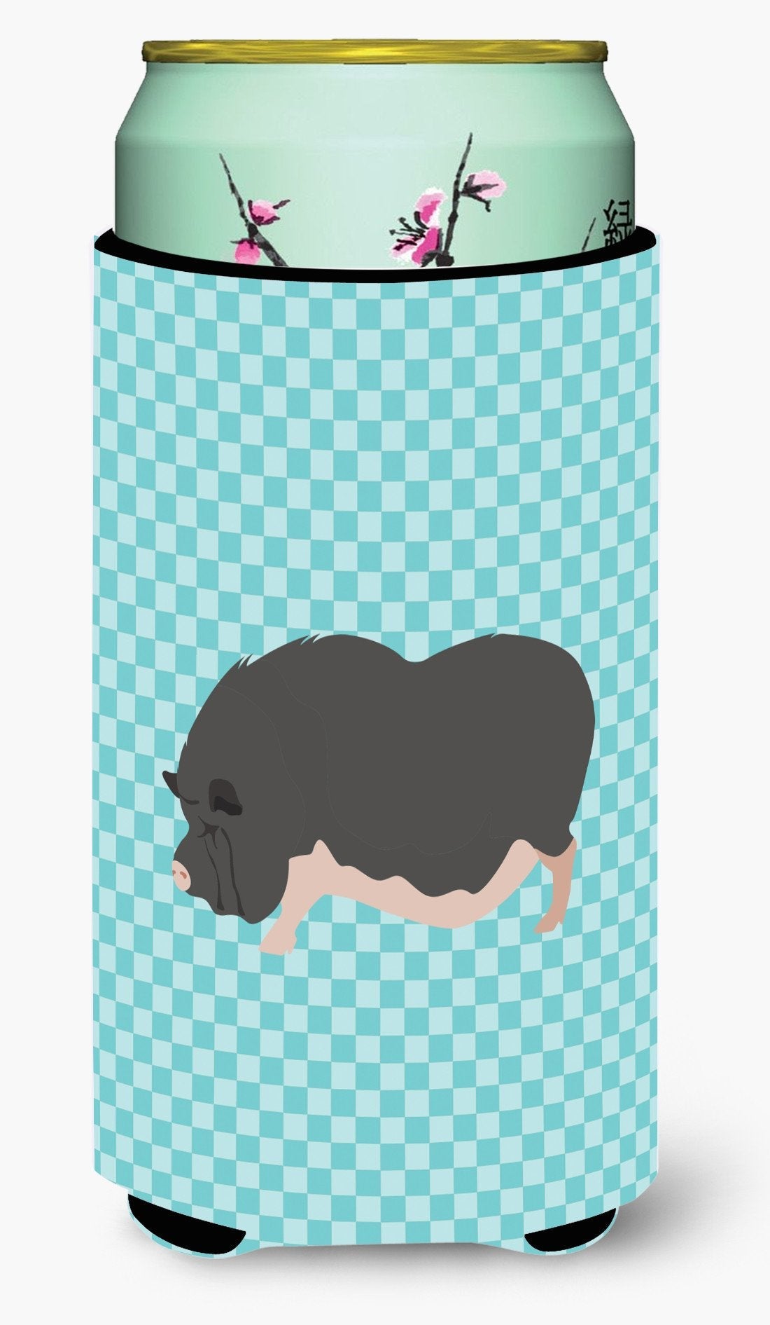 Vietnamese Pot-Bellied Pig Blue Check Tall Boy Hugger Can Cooler Sleeve Machine Washable Drink Collapsible Insulator Beverage Insulated Holder