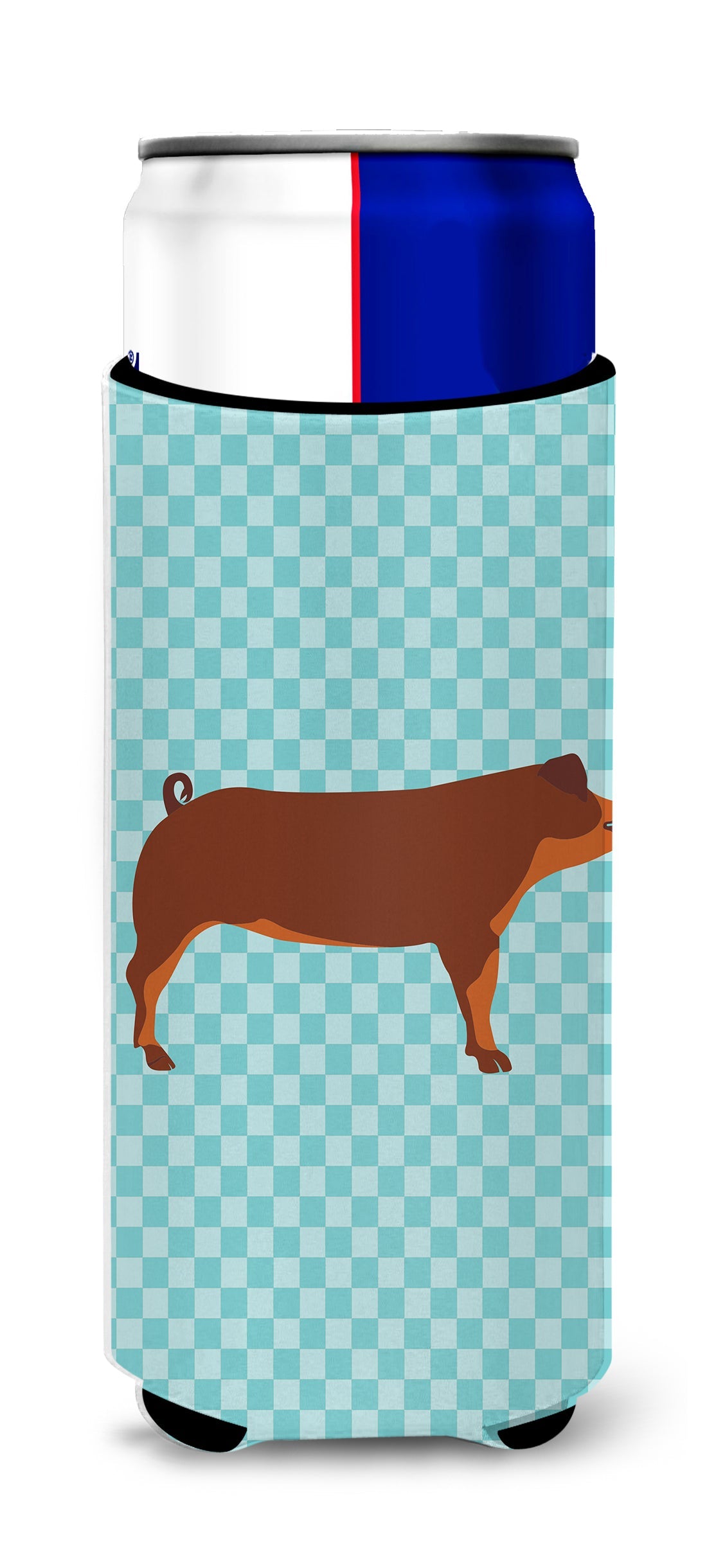 Duroc Pig Blue Check Slim Can Hugger , Insulated Foam Hugger for 12 oz Slim Cans, Beer Bottles & Water Bottles, Printed in USA
