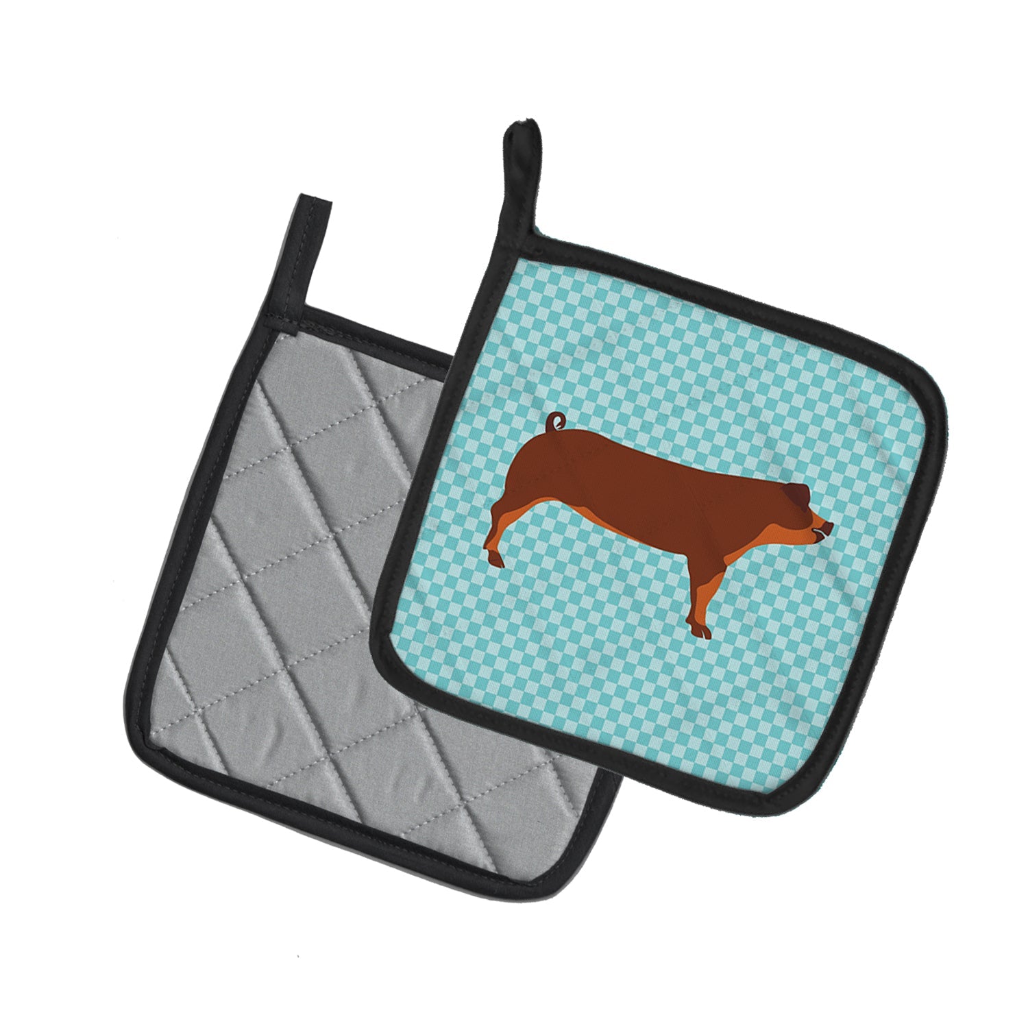Duroc Pig Blue Check Pot Holder Set of 2 Heat Resistant Quilted Hot Pads 7.5 x 7.5 Inch, Insulated Kitchen Trivets for Cooking & Baking