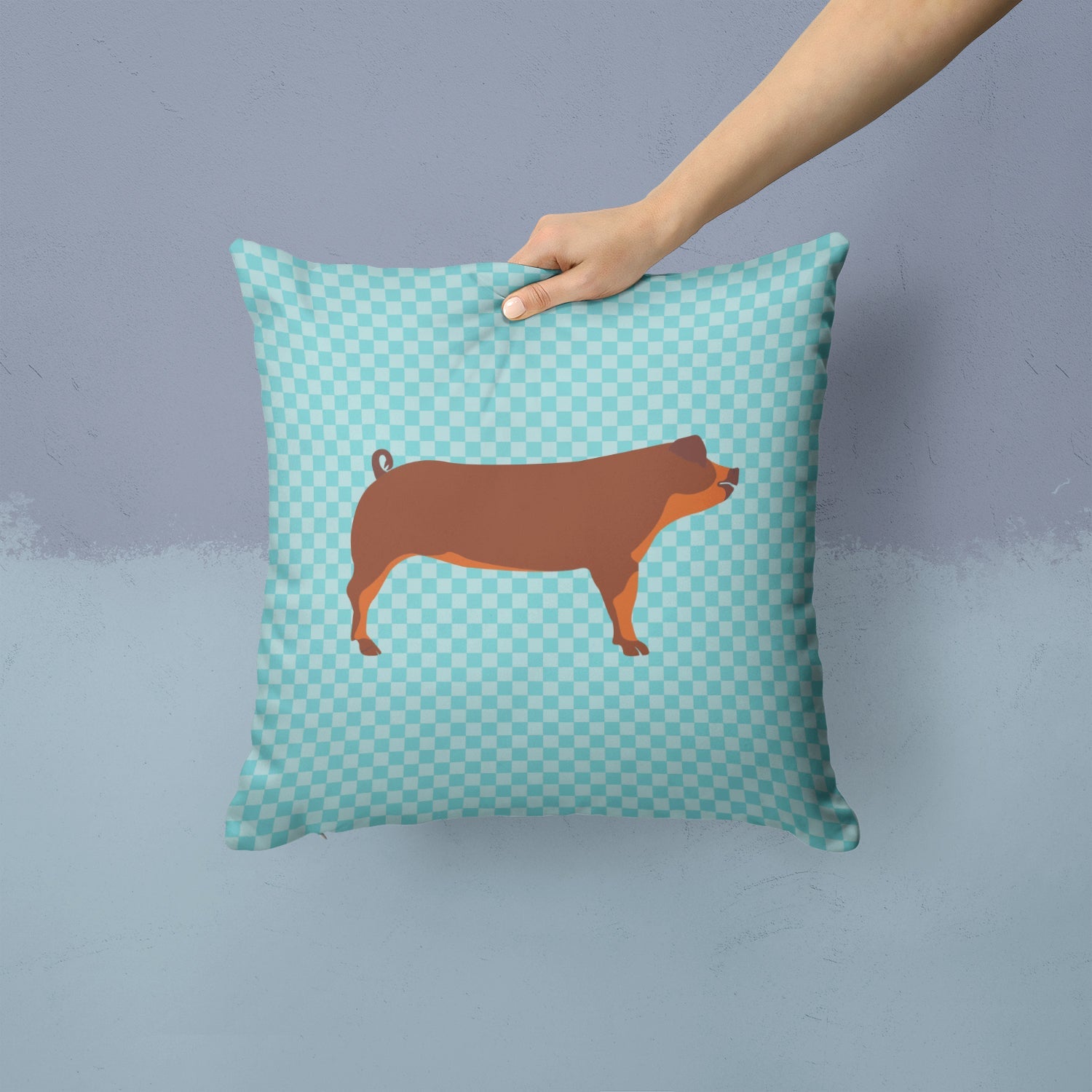 Duroc Pig Blue Check Decorative Throw Pillow 14x14 Indoor Outdoor Accent Cushion, Fabric Cover with Insert for Sofa, Bed, Porch & Living Room
