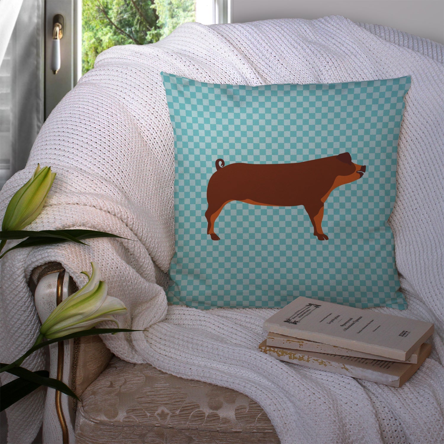Duroc Pig Blue Check Decorative Throw Pillow 14x14 Indoor Outdoor Accent Cushion, Fabric Cover with Insert for Sofa, Bed, Porch & Living Room