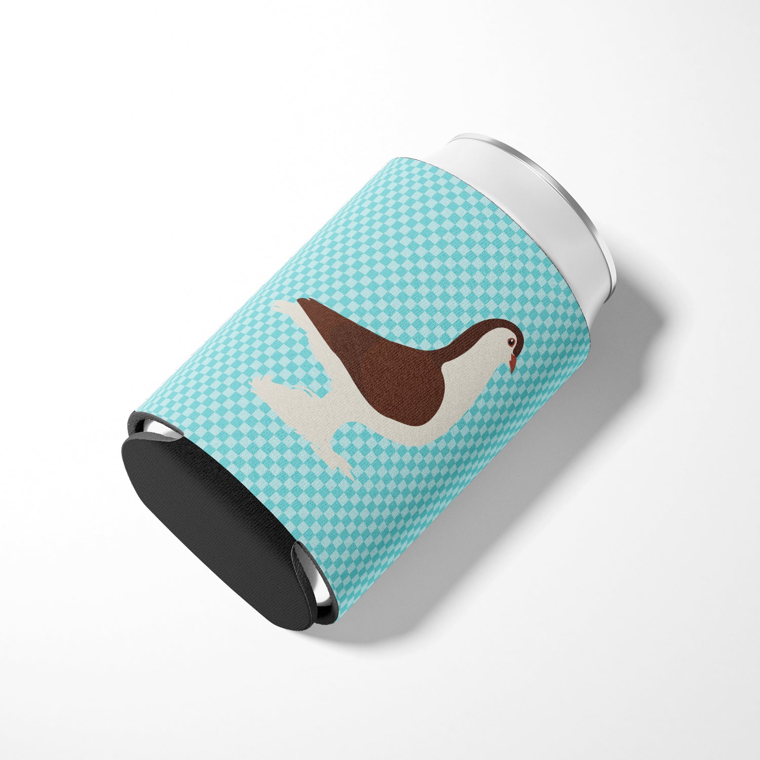 Large Pigeon Blue Check Can or Bottle Hugger Cooler Sleeve for Standard 12 oz Cans, Insulated Foam Beer & Soda Can Hugger Reusable