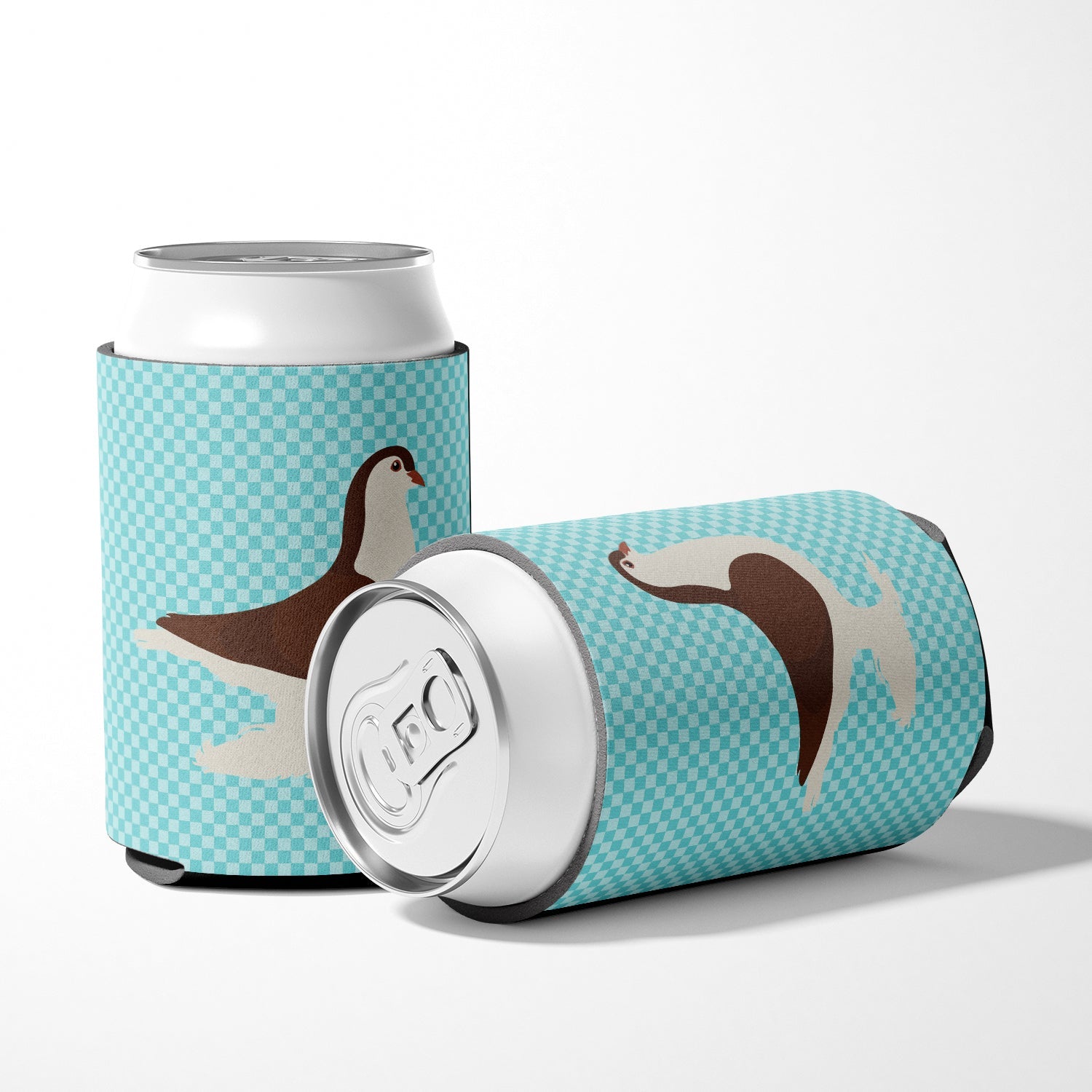 Large Pigeon Blue Check Can or Bottle Hugger Cooler Sleeve for Standard 12 oz Cans, Insulated Foam Beer & Soda Can Hugger Reusable