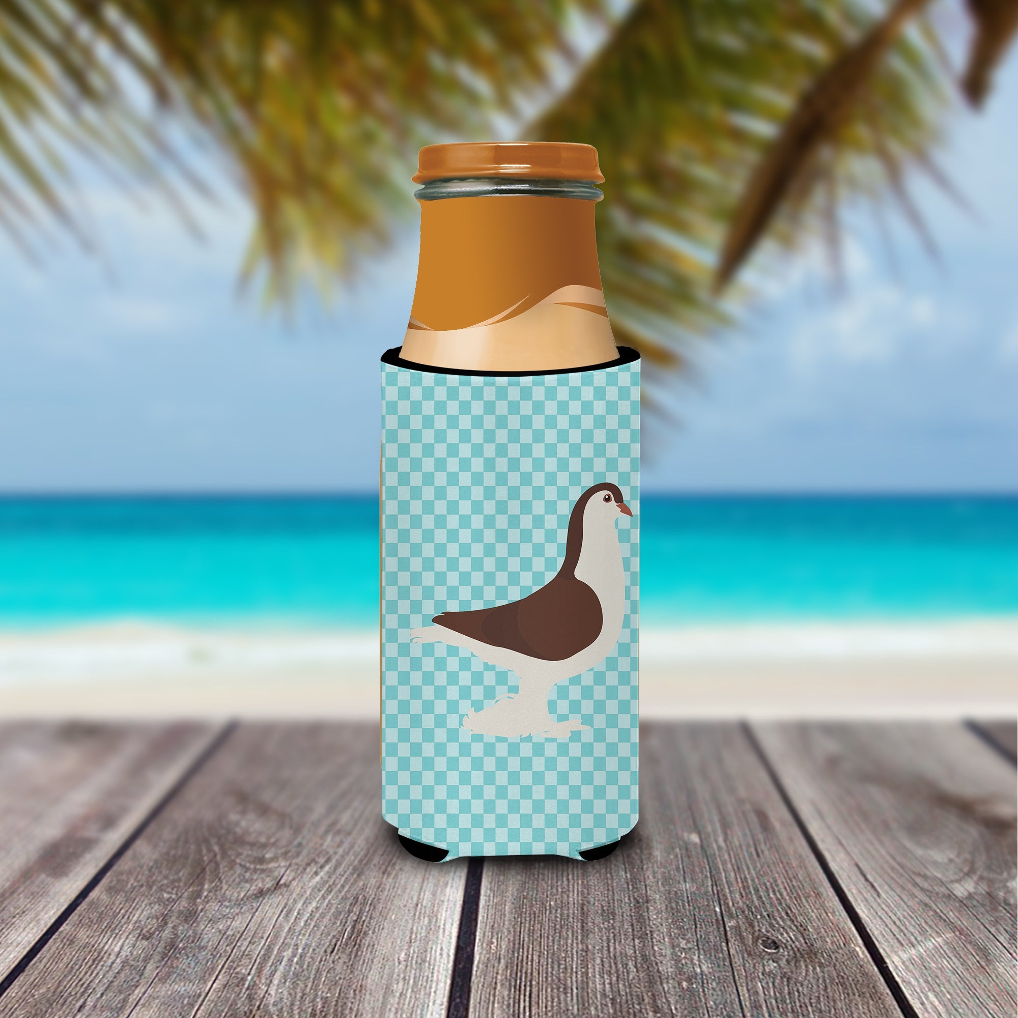 Large Pigeon Blue Check Slim Can Hugger , Insulated Foam Hugger for 12 oz Slim Cans, Beer Bottles & Water Bottles, Printed in USA