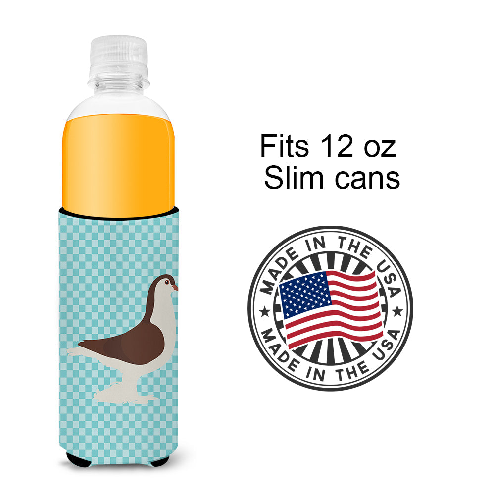 Large Pigeon Blue Check Slim Can Hugger , Insulated Foam Hugger for 12 oz Slim Cans, Beer Bottles & Water Bottles, Printed in USA