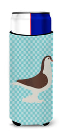 Large Pigeon Blue Check Slim Can Hugger , Insulated Foam Hugger for 12 oz Slim Cans, Beer Bottles & Water Bottles, Printed in USA