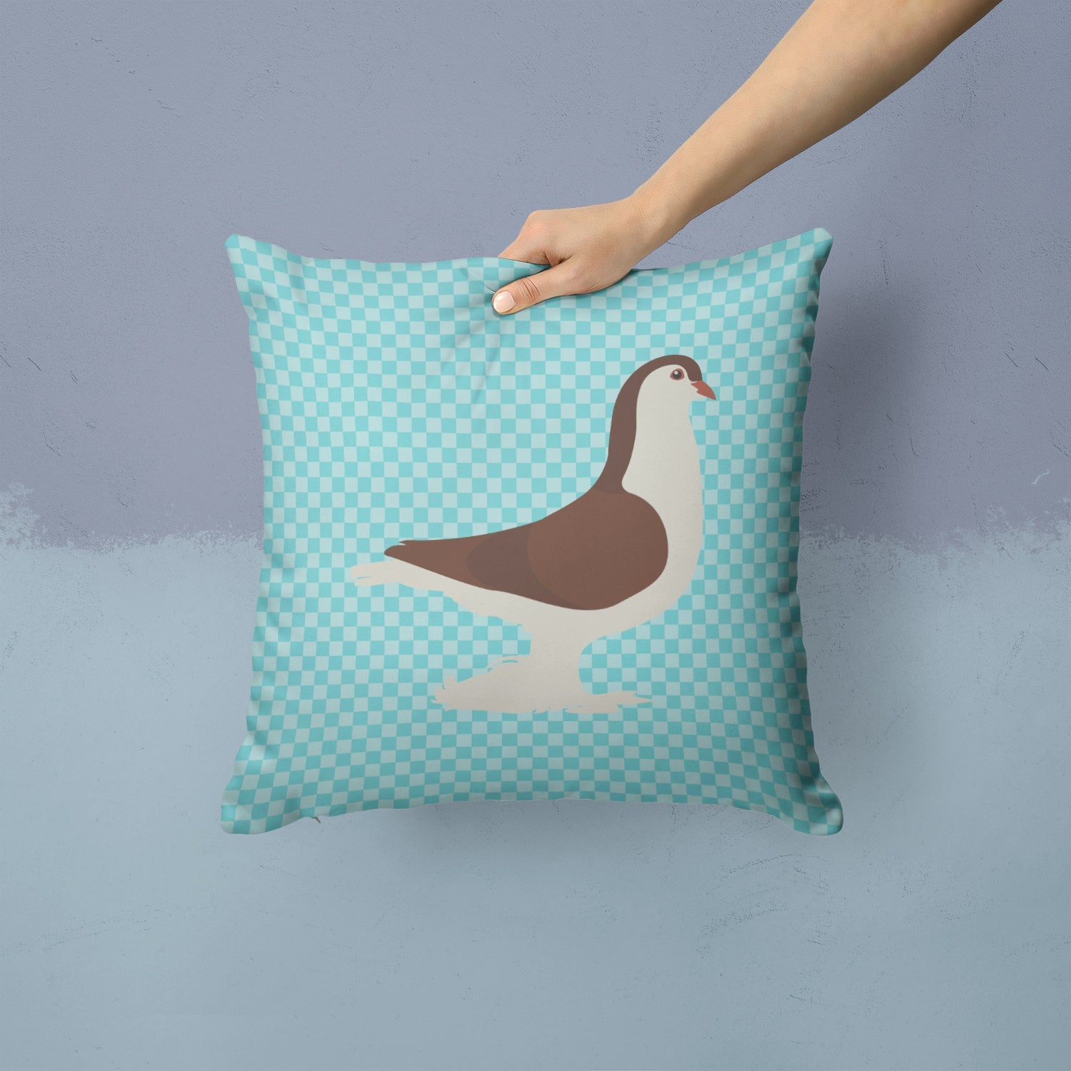 Large Pigeon Blue Check Decorative Throw Pillow 14x14 Indoor Outdoor Accent Cushion, Fabric Cover with Insert for Sofa, Bed, Porch & Living Room