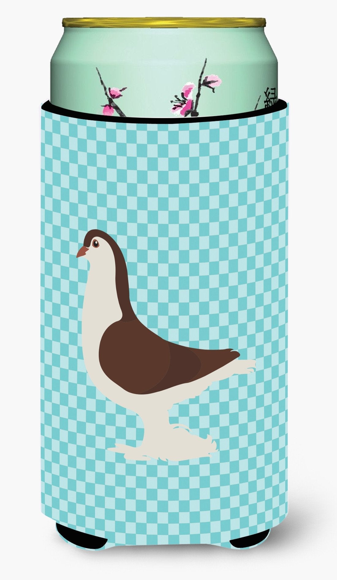 Large Pigeon Blue Check Tall Boy Hugger Can Cooler Sleeve Machine Washable Drink Collapsible Insulator Beverage Insulated Holder