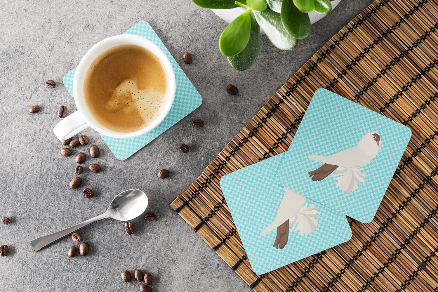 German Helmet Pigeon Blue Check Foam Coasters Set of 4 Cup Coasters for Indoor Outdoor, Tabletop Protection, Anti Slip, Mouse pad Material