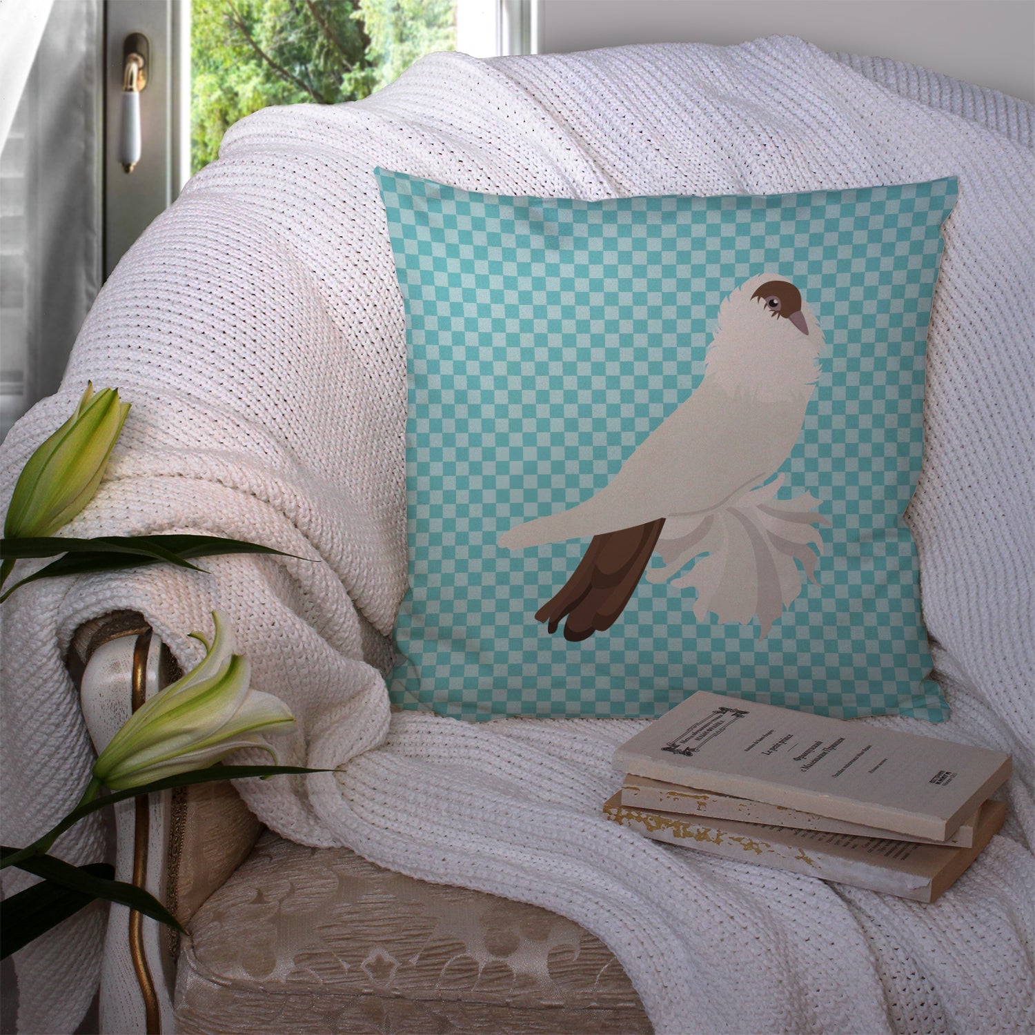 German Helmet Pigeon Blue Check Decorative Throw Pillow 14x14 Indoor Outdoor Accent Cushion, Fabric Cover with Insert for Sofa, Bed, Porch & Living Room