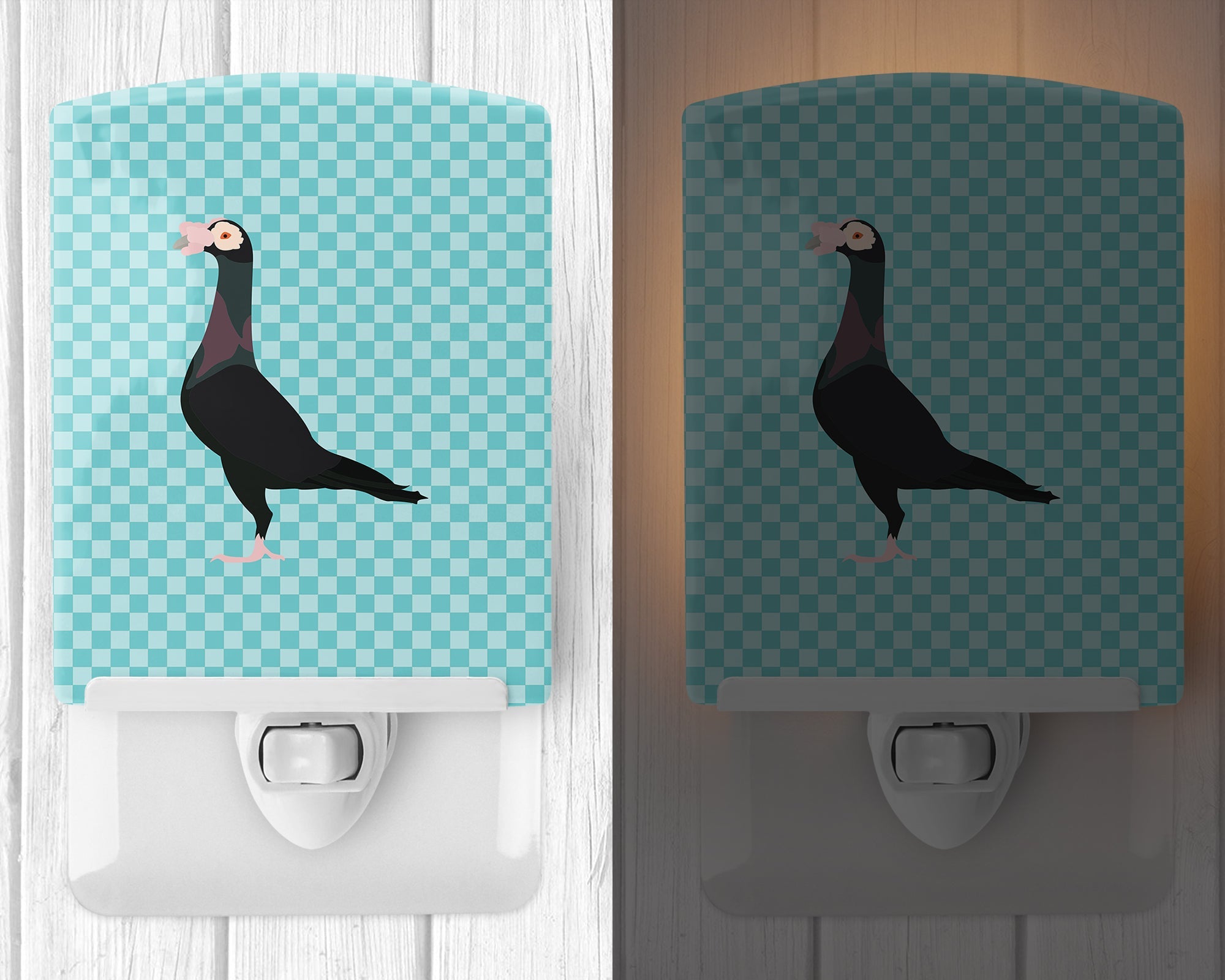 English Carrier Pigeon Blue Check Ceramic Night Light Compact, UL-Certified, Ideal for Bedroom, Bathroom, Nursery, Hallway, Kitchen, 6x4x3, Multicolor