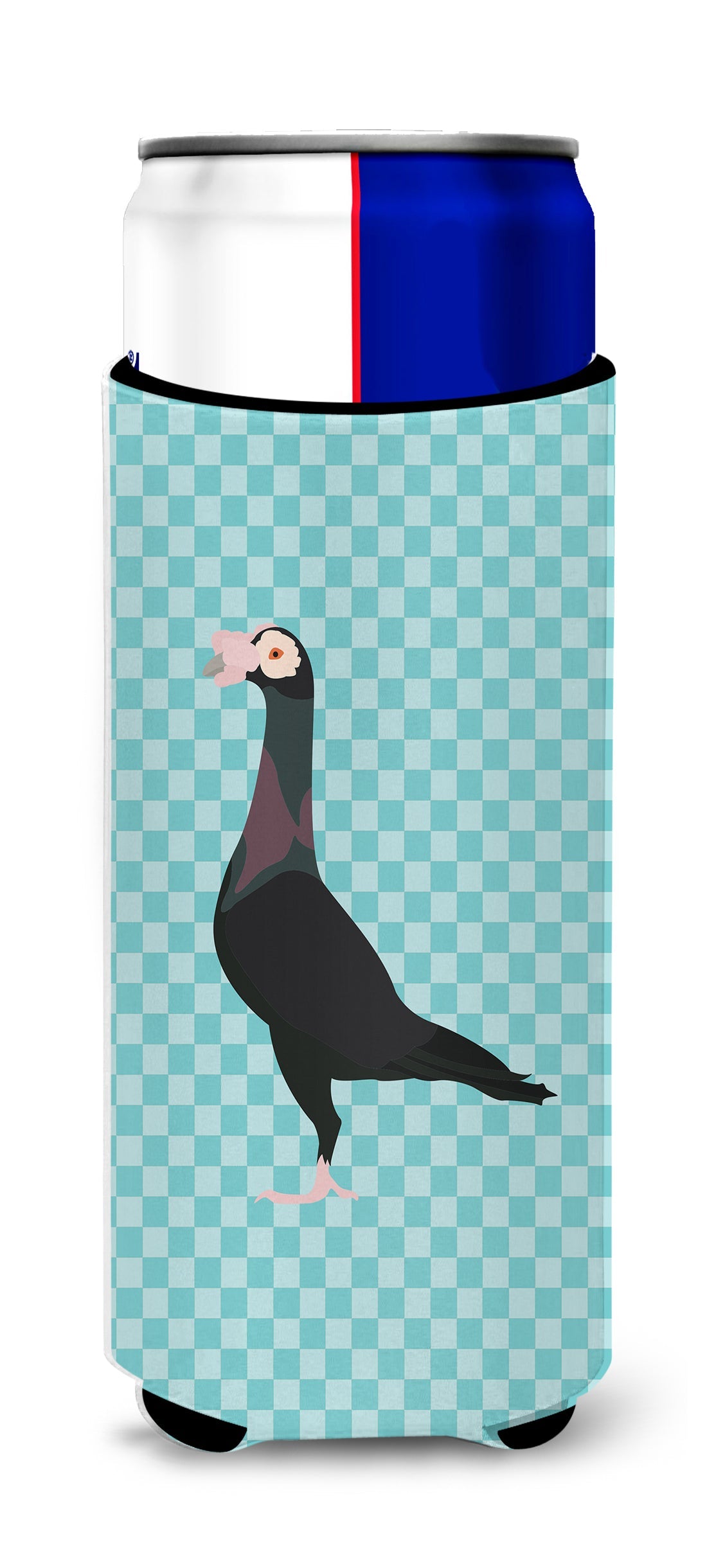 English Carrier Pigeon Blue Check Slim Can Hugger , Insulated Foam Hugger for 12 oz Slim Cans, Beer Bottles & Water Bottles, Printed in USA
