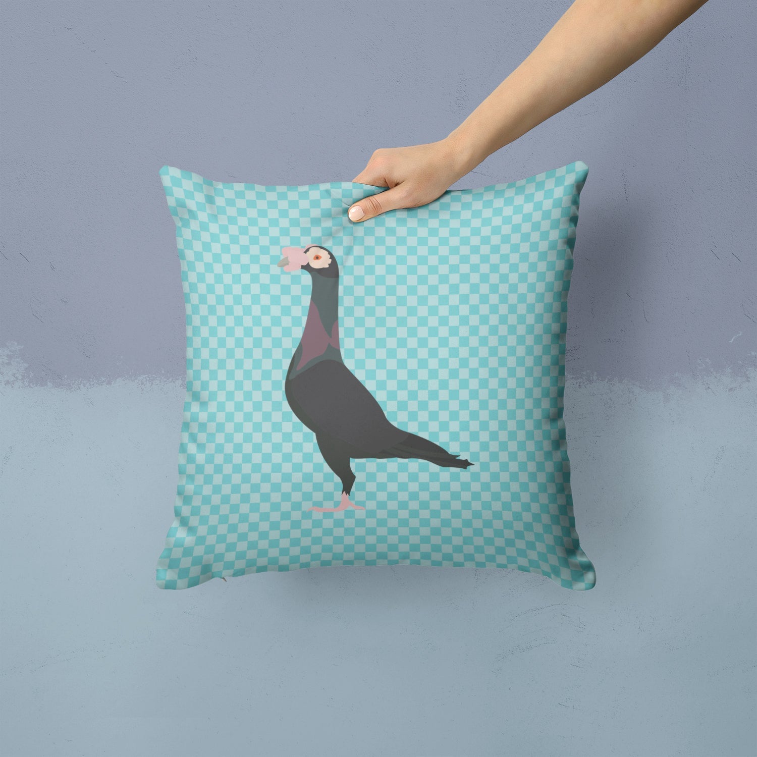 English Carrier Pigeon Blue Check Decorative Throw Pillow 14x14 Indoor Outdoor Accent Cushion, Fabric Cover with Insert for Sofa, Bed, Porch & Living Room