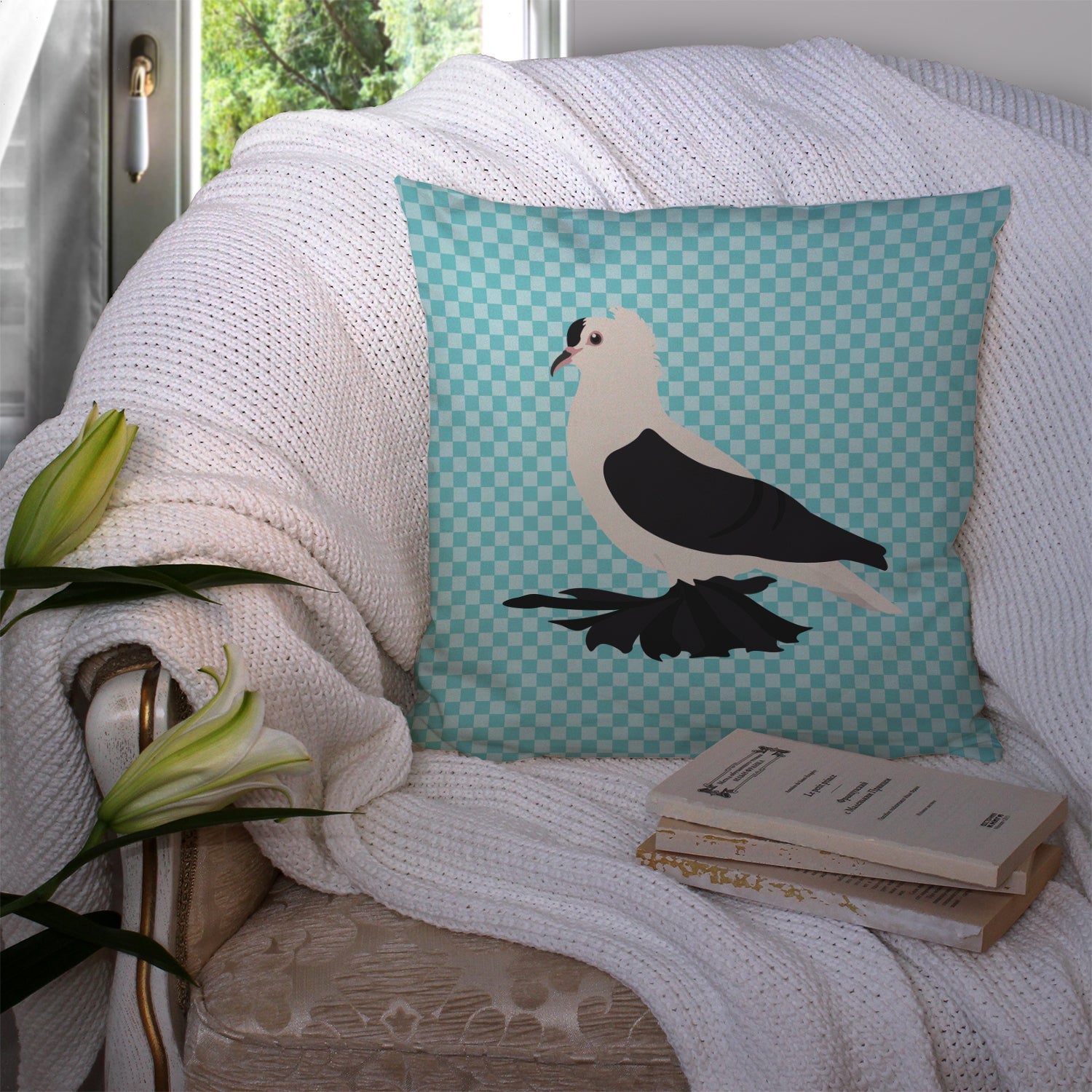 Saxon Fairy Swallow Pigeon Blue Check Decorative Throw Pillow 14x14 Indoor Outdoor Accent Cushion, Fabric Cover with Insert for Sofa, Bed, Porch & Living Room