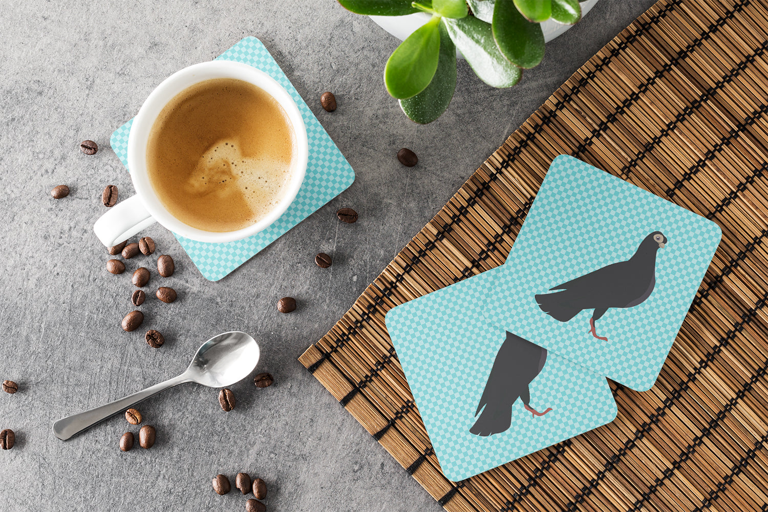 Budapest Highflyer Pigeon Blue Check Foam Coasters Set of 4 Cup Coasters for Indoor Outdoor, Tabletop Protection, Anti Slip, Mouse pad Material