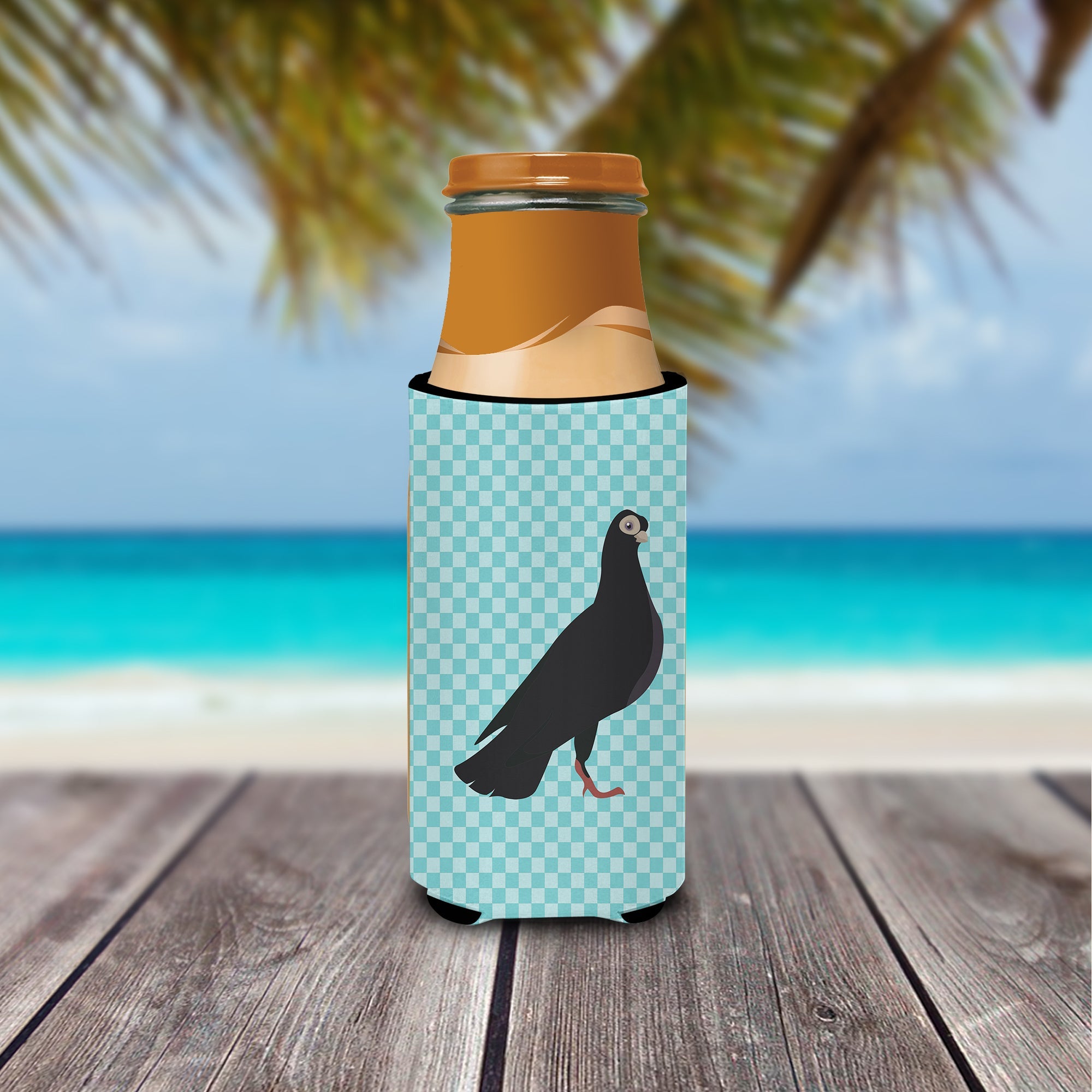 Budapest Highflyer Pigeon Blue Check Slim Can Hugger , Insulated Foam Hugger for 12 oz Slim Cans, Beer Bottles & Water Bottles, Printed in USA