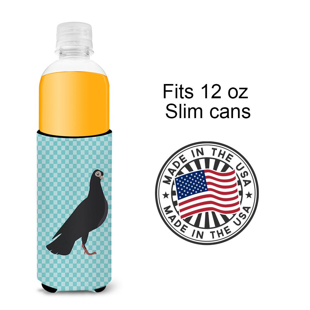 Budapest Highflyer Pigeon Blue Check Slim Can Hugger , Insulated Foam Hugger for 12 oz Slim Cans, Beer Bottles & Water Bottles, Printed in USA