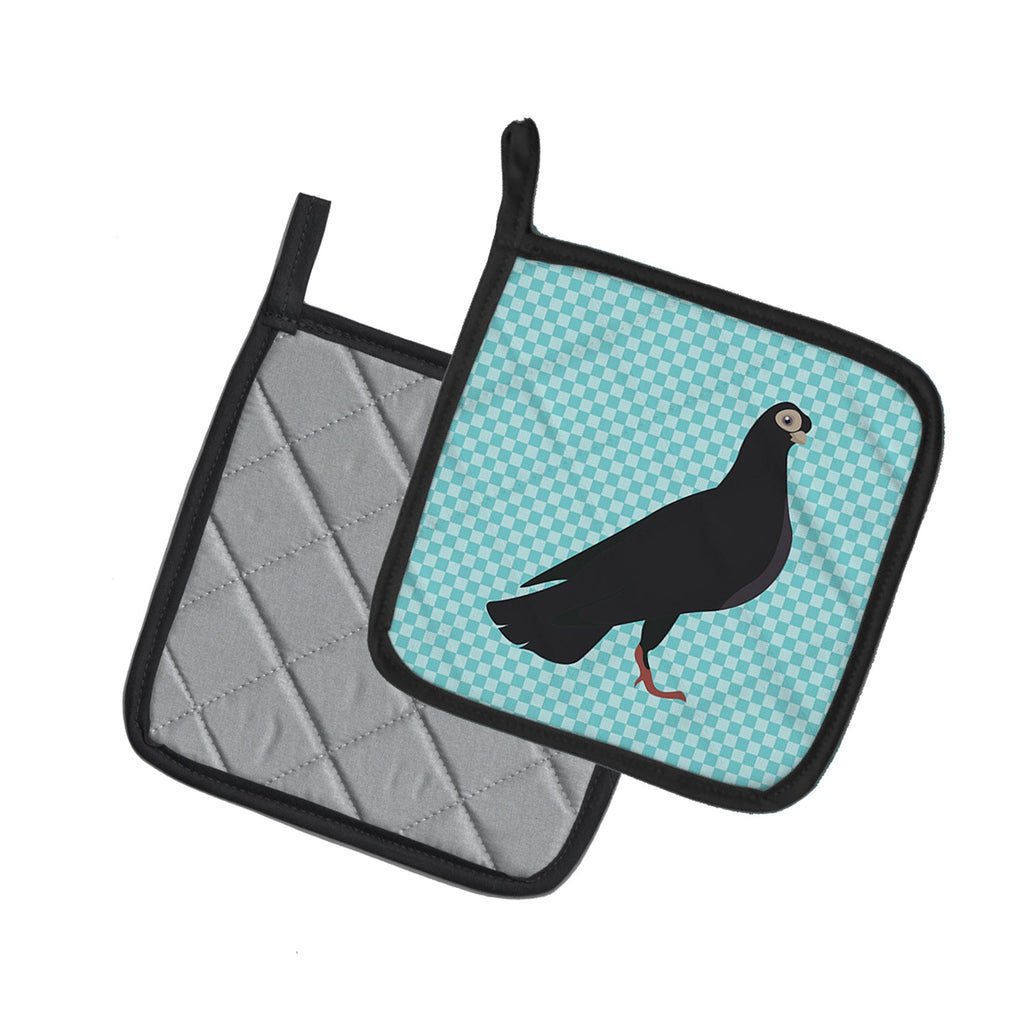 Budapest Highflyer Pigeon Blue Check Pot Holder Set of 2 Heat Resistant Quilted Hot Pads 7.5 x 7.5 Inch, Insulated Kitchen Trivets for Cooking & Baking
