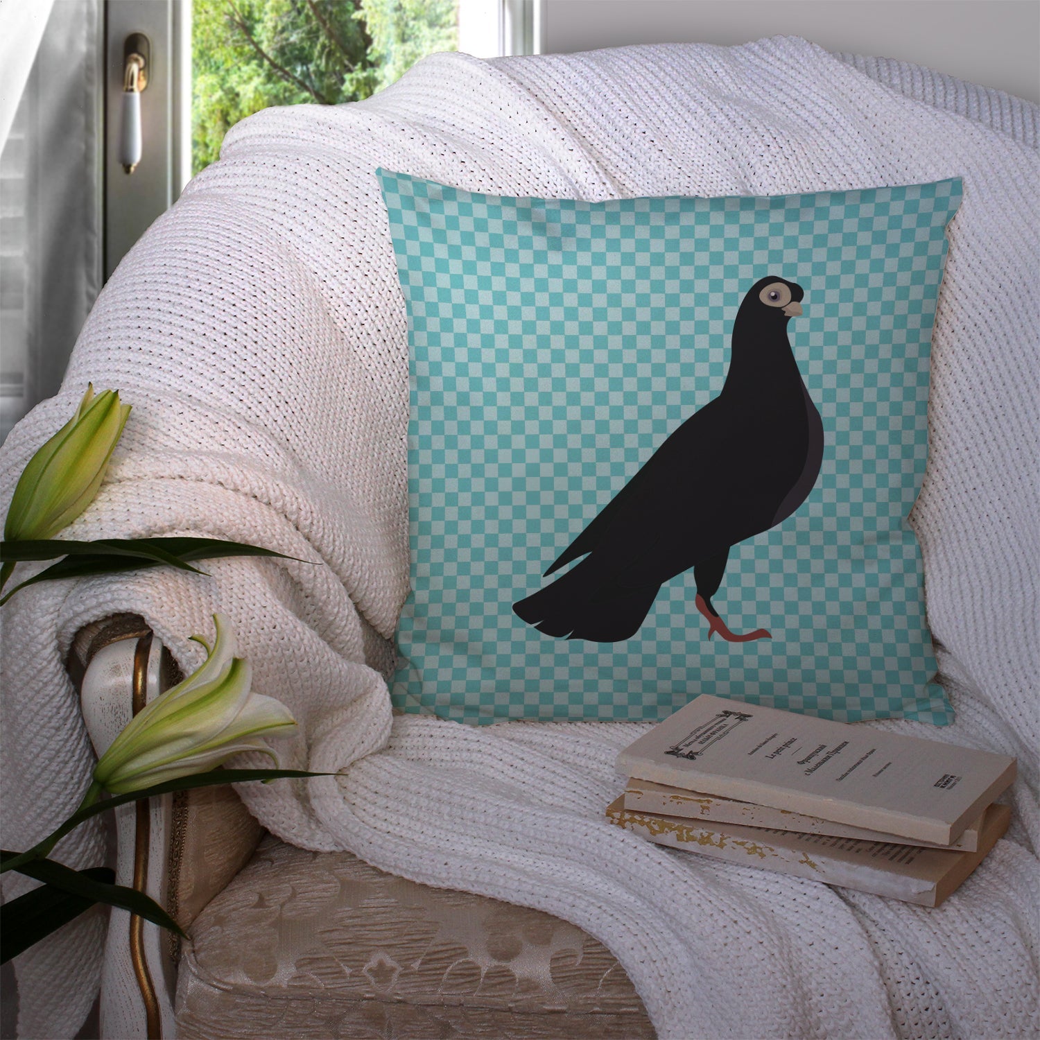 Budapest Highflyer Pigeon Blue Check Decorative Throw Pillow 14x14 Indoor Outdoor Accent Cushion, Fabric Cover with Insert for Sofa, Bed, Porch & Living Room