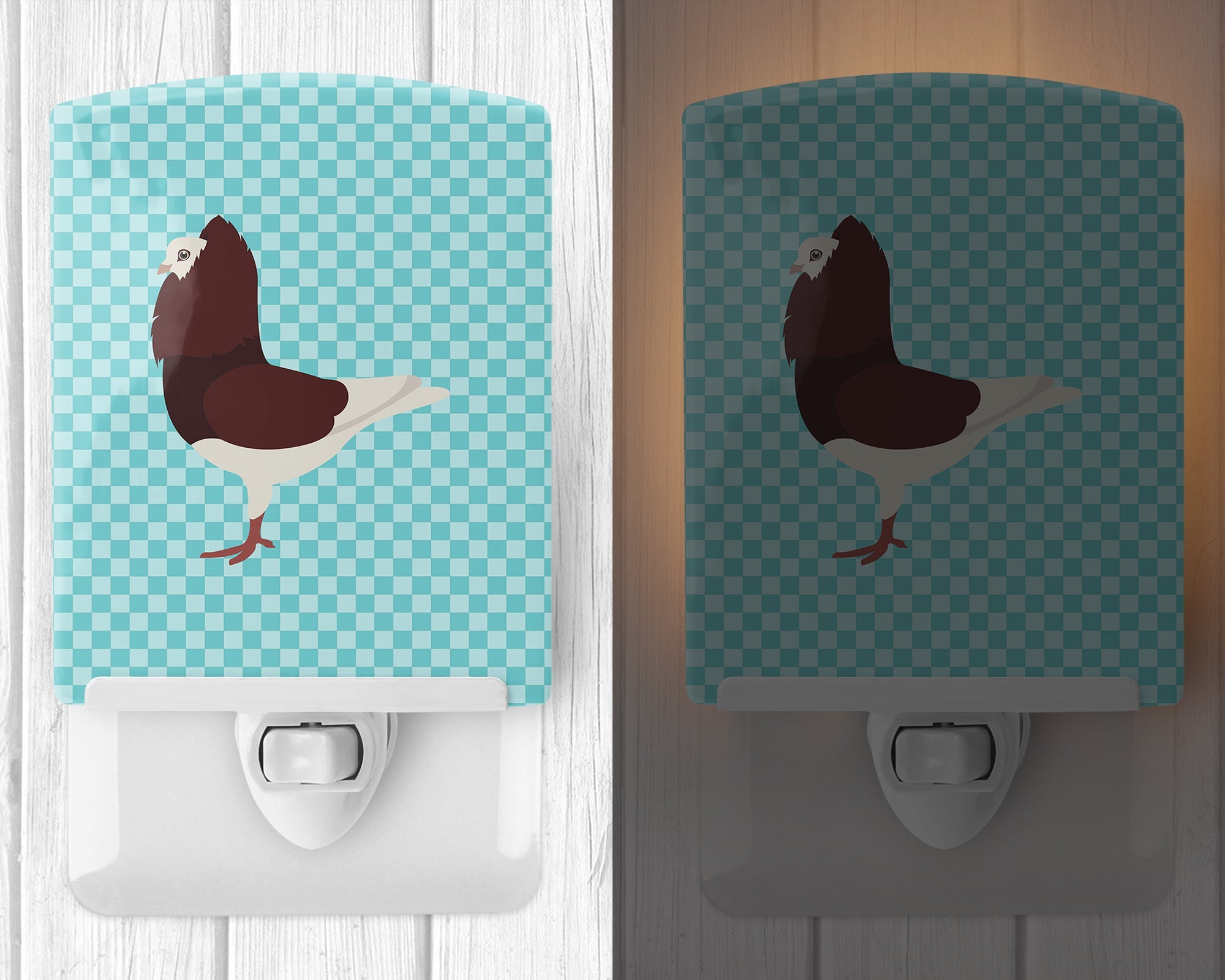 Capuchin Red Pigeon Blue Check Ceramic Night Light Compact, UL-Certified, Ideal for Bedroom, Bathroom, Nursery, Hallway, Kitchen, 6x4x3, Multicolor