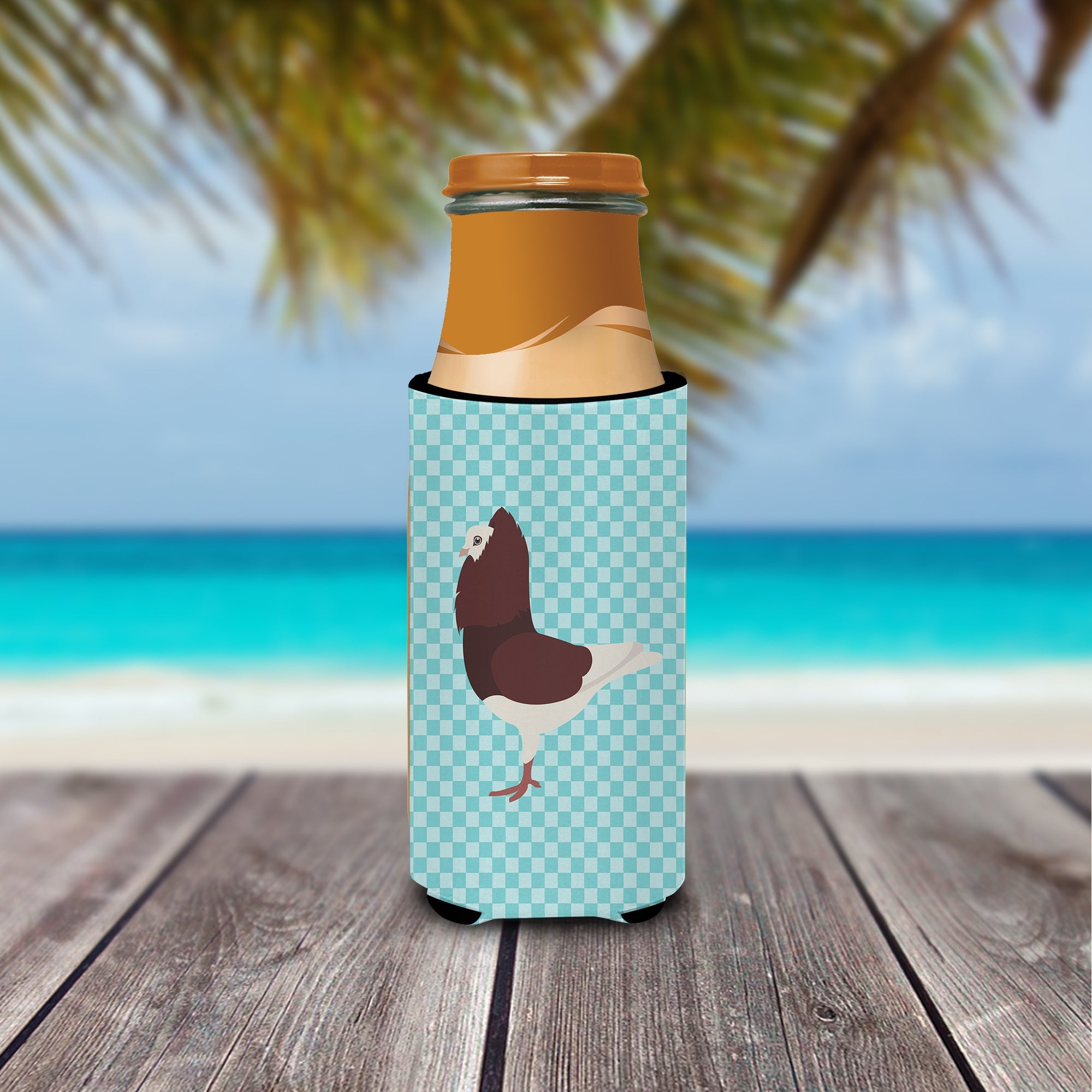 Capuchin Red Pigeon Blue Check Slim Can Hugger , Insulated Foam Hugger for 12 oz Slim Cans, Beer Bottles & Water Bottles, Printed in USA