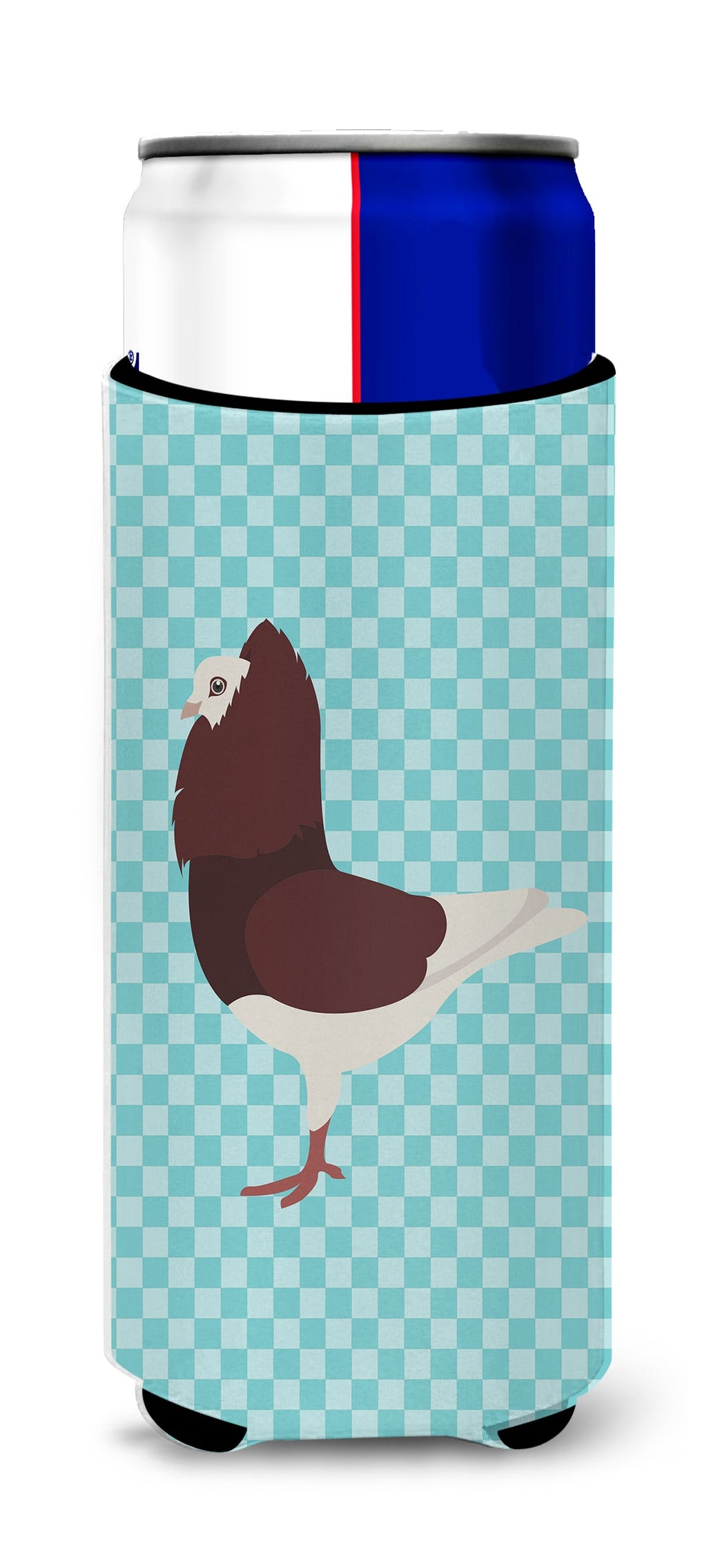 Capuchin Red Pigeon Blue Check Slim Can Hugger , Insulated Foam Hugger for 12 oz Slim Cans, Beer Bottles & Water Bottles, Printed in USA
