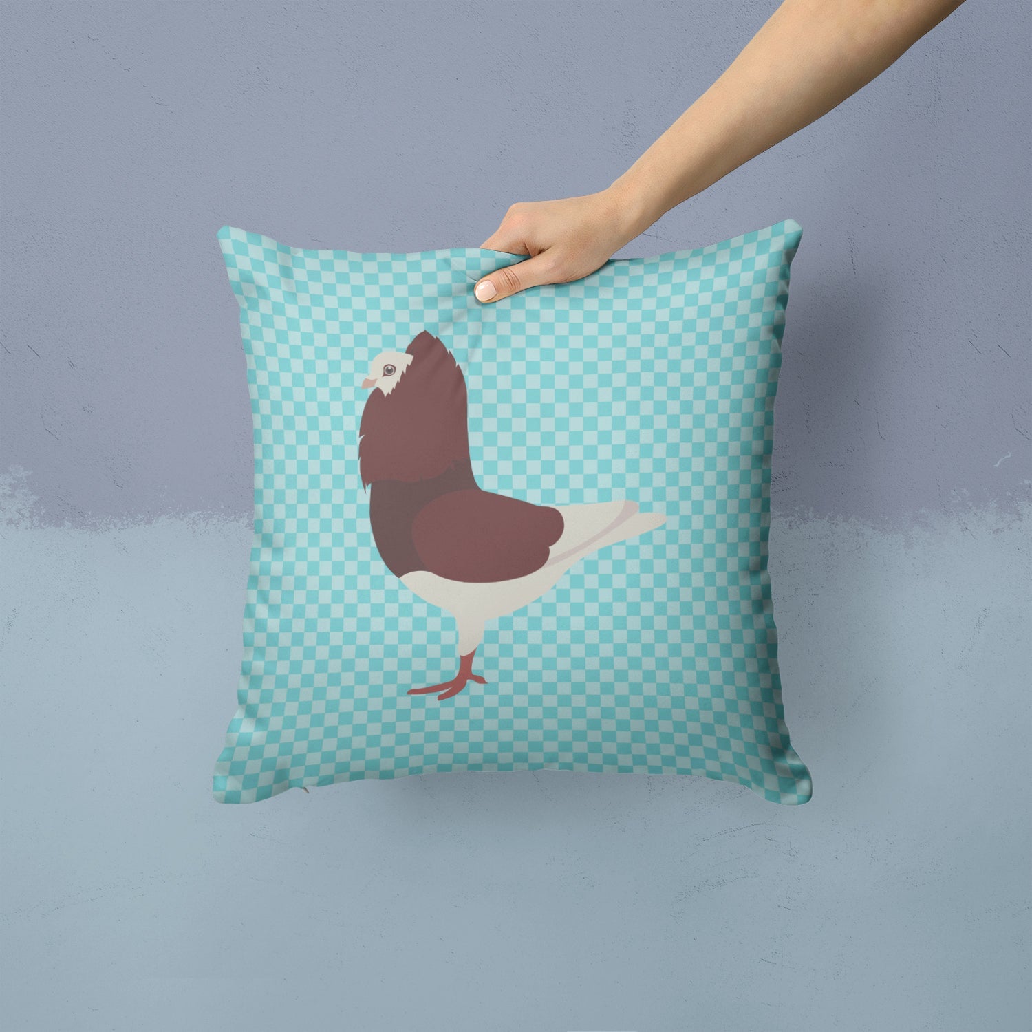 Capuchin Red Pigeon Blue Check Decorative Throw Pillow 14x14 Indoor Outdoor Accent Cushion, Fabric Cover with Insert for Sofa, Bed, Porch & Living Room