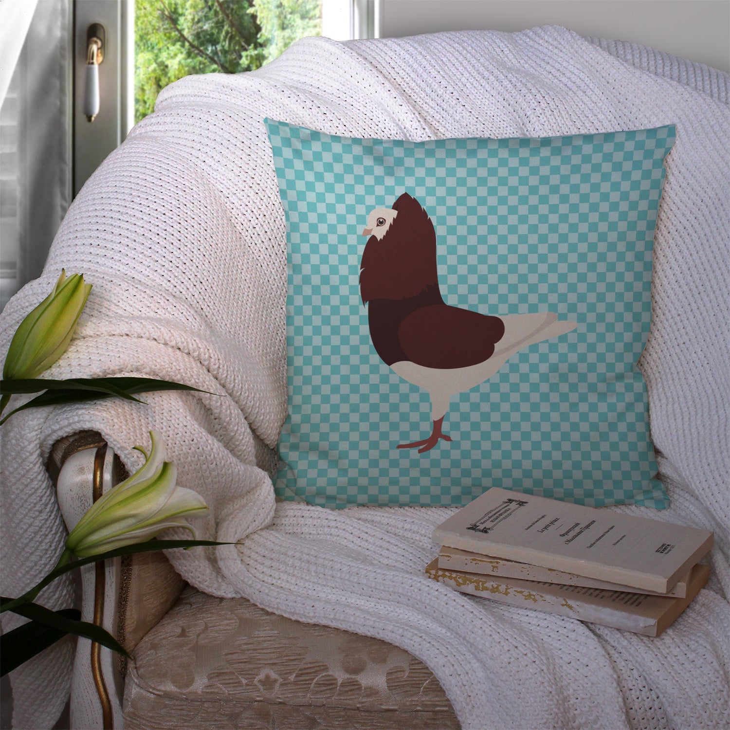 Capuchin Red Pigeon Blue Check Decorative Throw Pillow 14x14 Indoor Outdoor Accent Cushion, Fabric Cover with Insert for Sofa, Bed, Porch & Living Room
