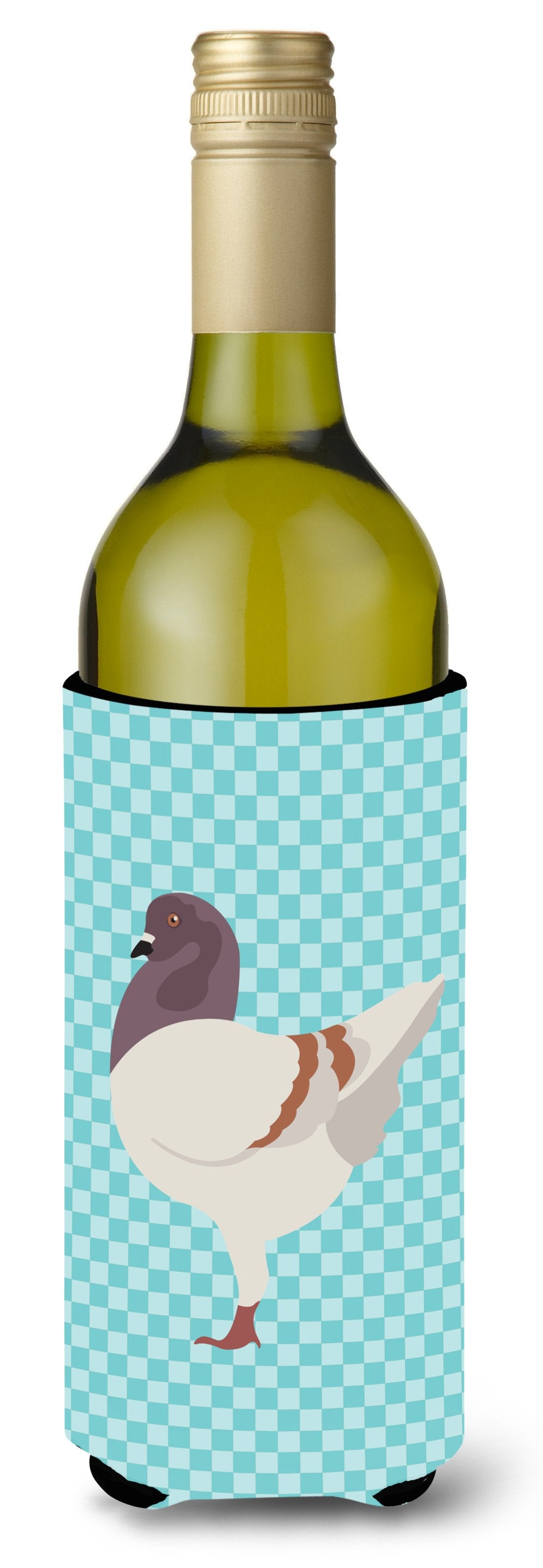 German Modena Pigeon Blue Check Wine Bottle Hugger Gift Sleeve for Standard 750 ml Bottles, Insulated Reusable Also Fits Mini Shot & Pint Bottles
