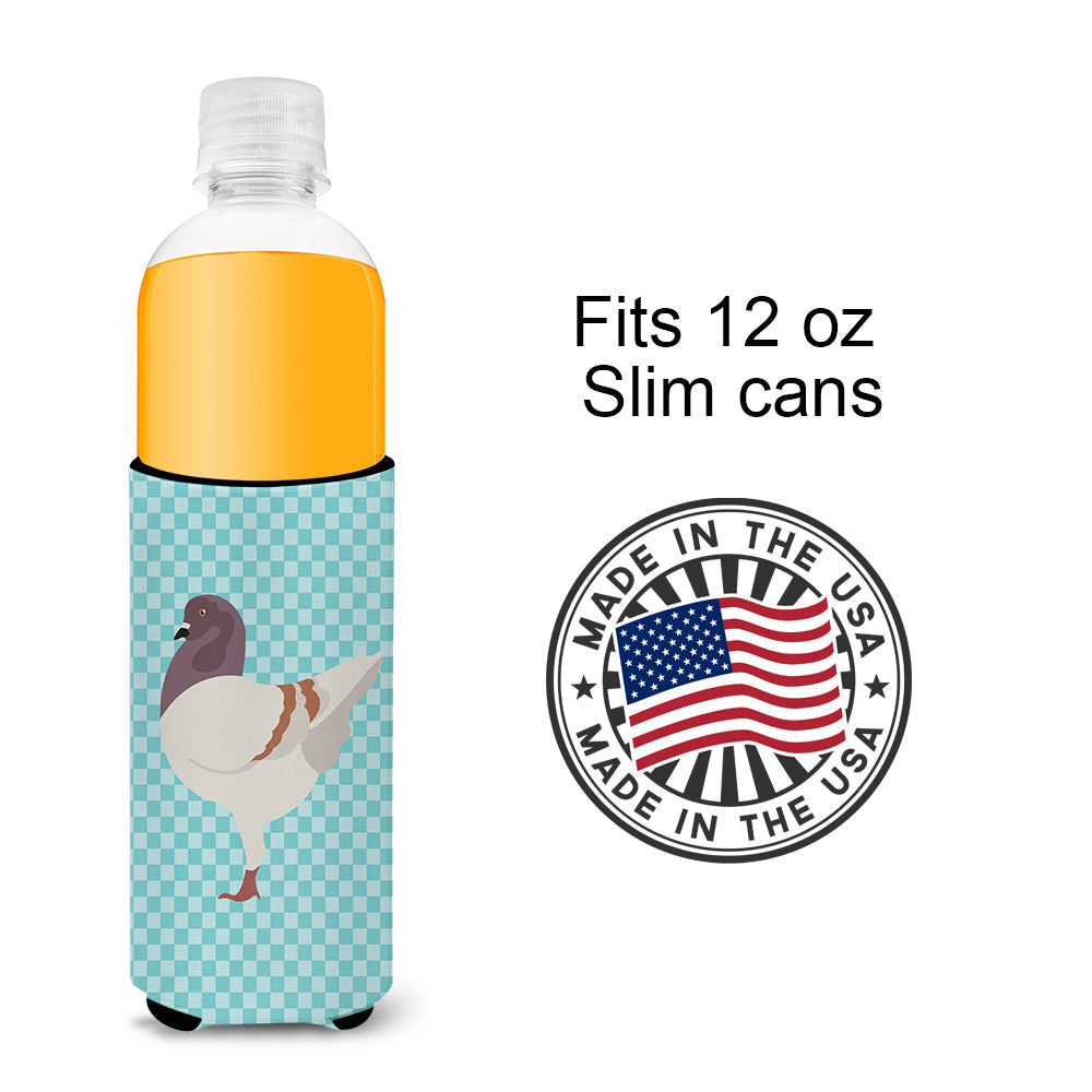 German Modena Pigeon Blue Check Slim Can Hugger , Insulated Foam Hugger for 12 oz Slim Cans, Beer Bottles & Water Bottles, Printed in USA