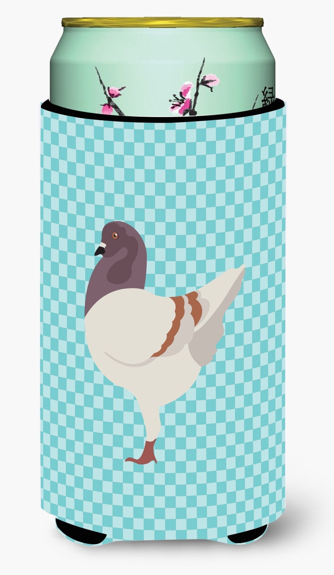 German Modena Pigeon Blue Check Tall Boy Hugger Can Cooler Sleeve Machine Washable Drink Collapsible Insulator Beverage Insulated Holder